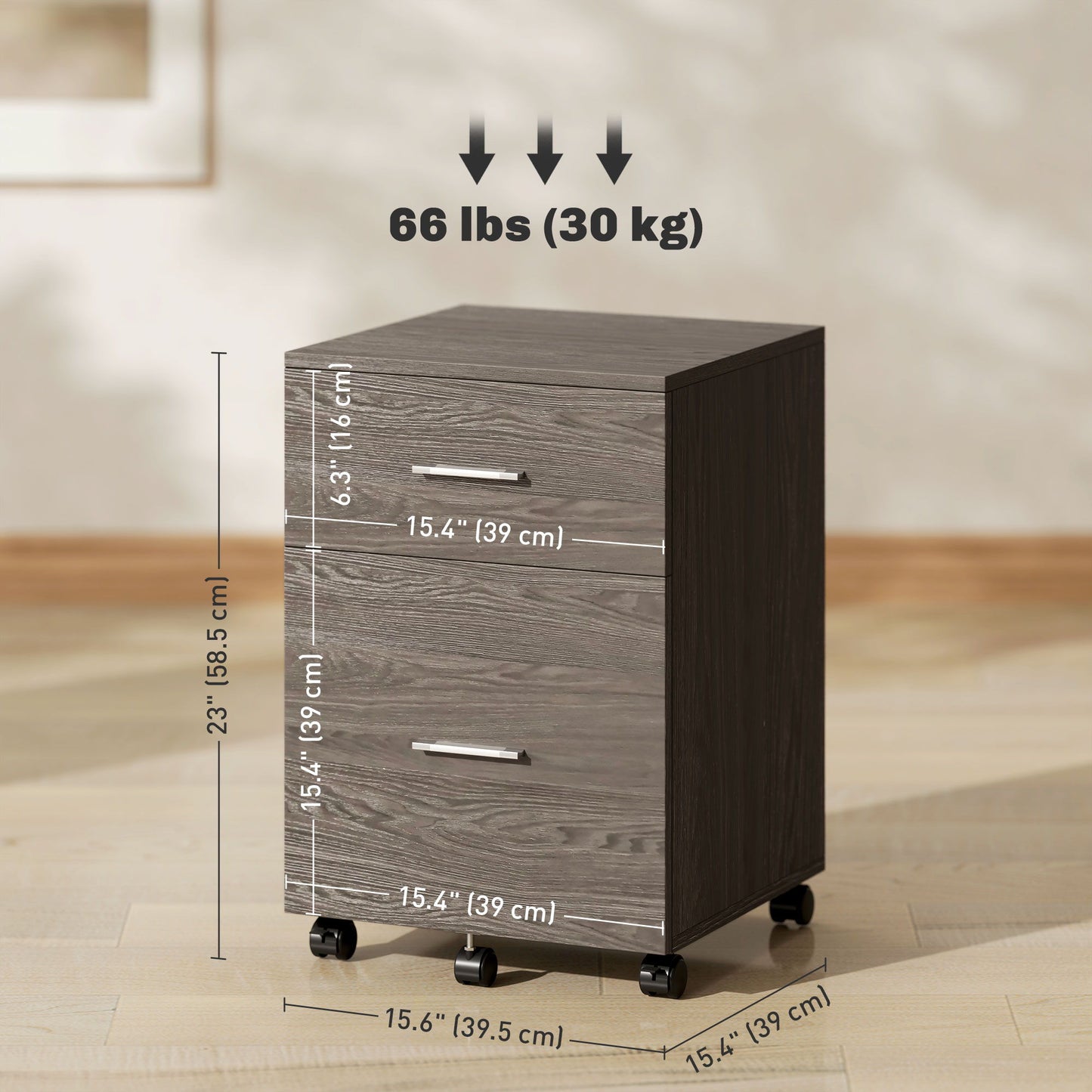 Mobile Filing Cabinet, Vertical File Cabinet with 2 Drawers, Wheels, for Letter or A4 File, Grey