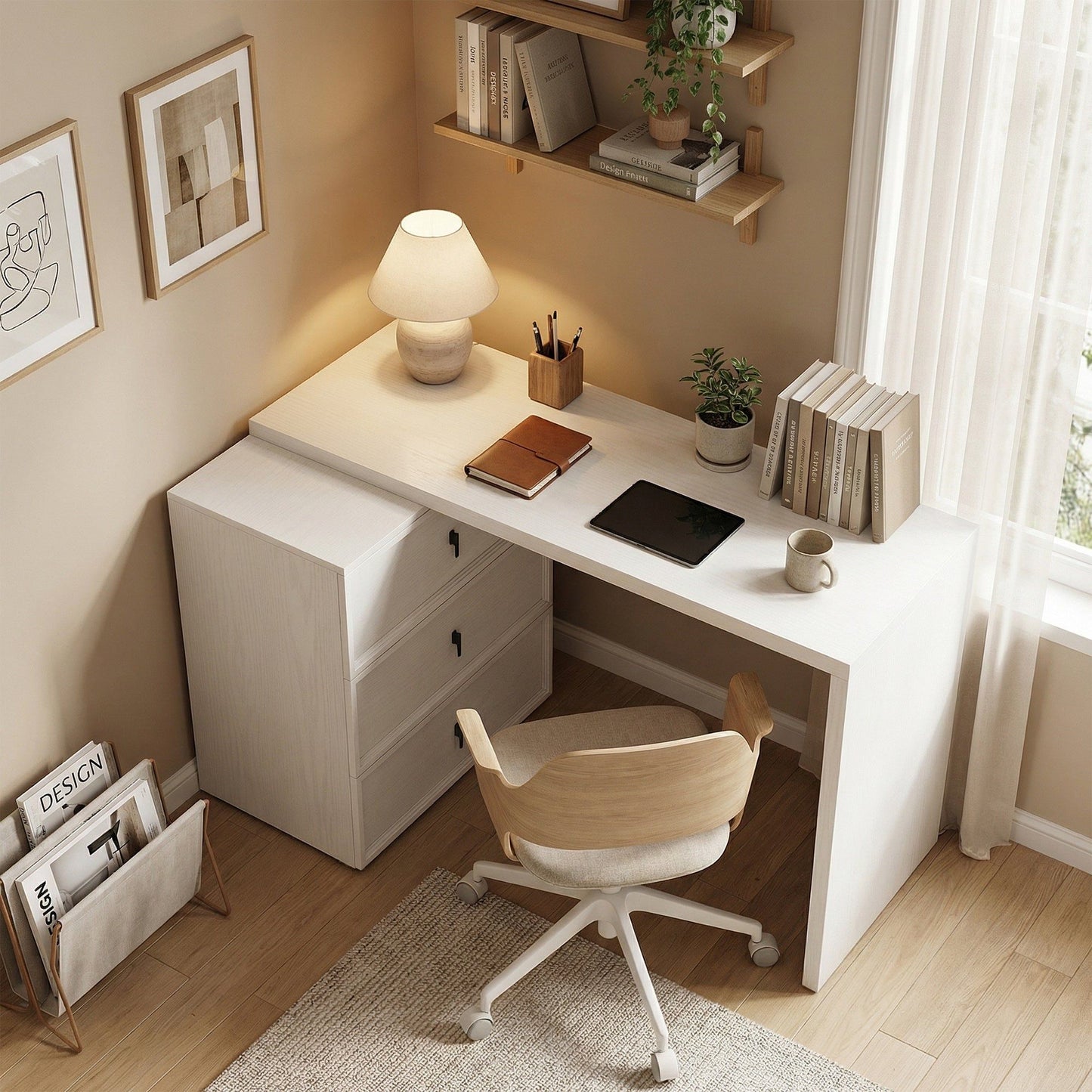 L-Shaped Computer Desk with 3 Drawers - White Wood Grain