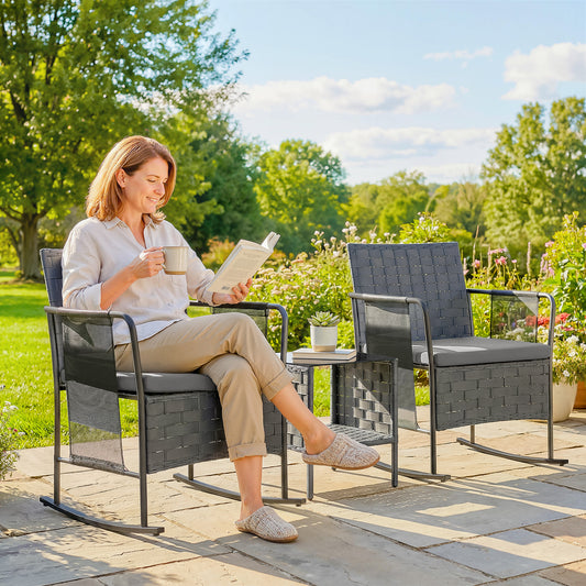 3 Pieces Rocking Bistro Set Outdoor Patio Furniture Set with Side Pockets, Mesh Seat, Cushions, 2-Tier Table, Grey