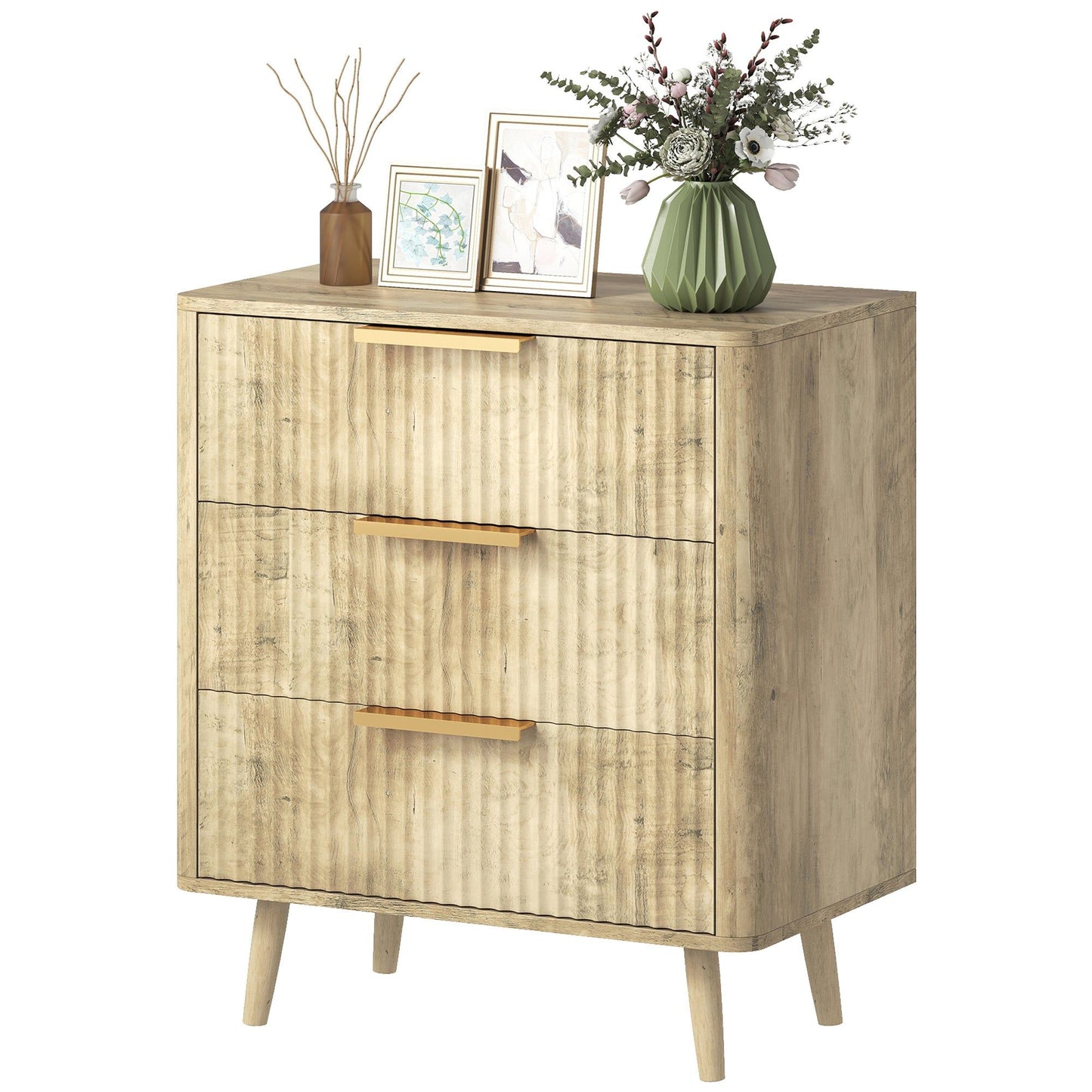 Fluted 3-Drawer Dresser with Pine Legs - Oak