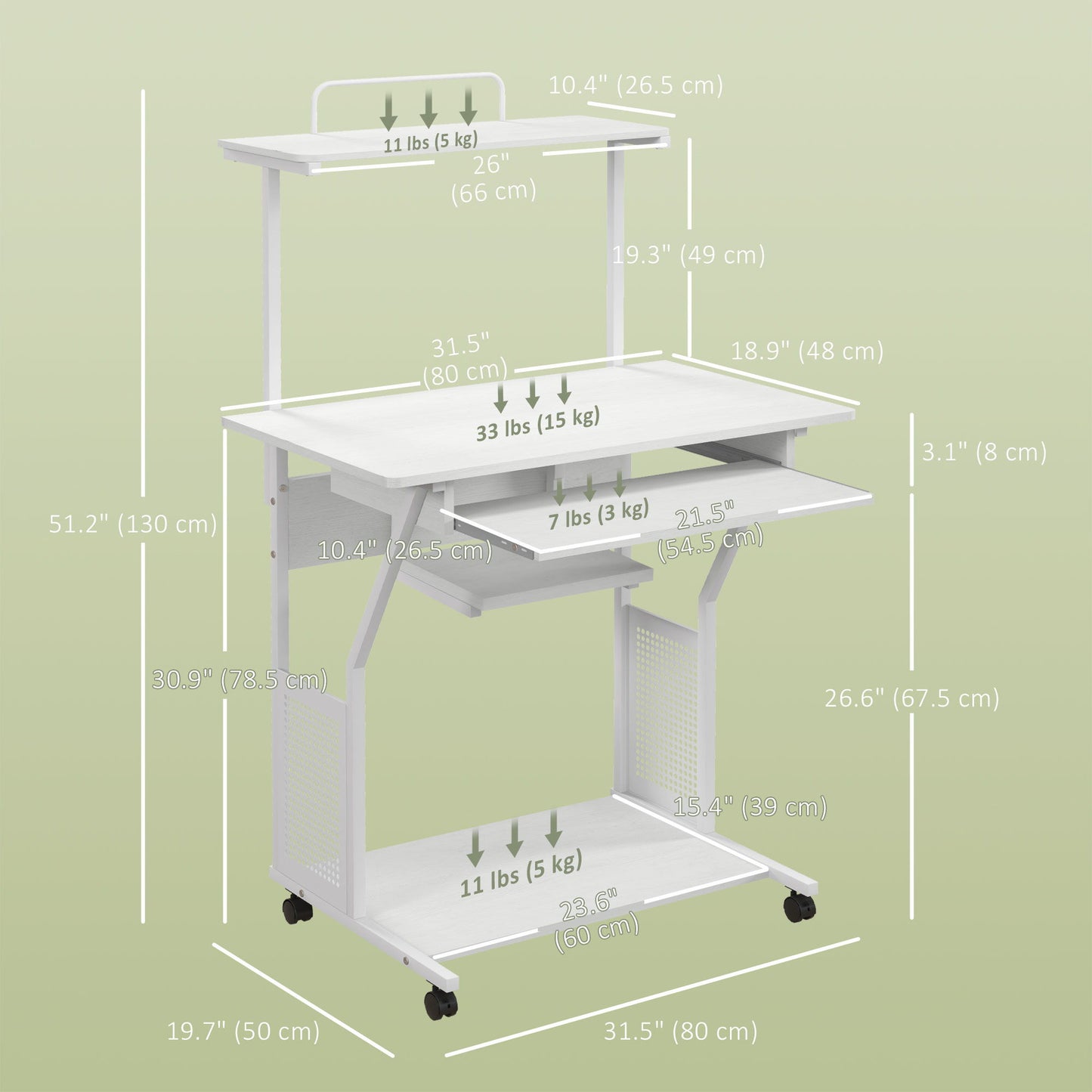 32" Mobile Computer Table, Rolling Study Desk for Home Office with Keyboard Tray, Storage Shelves, Wheels, White