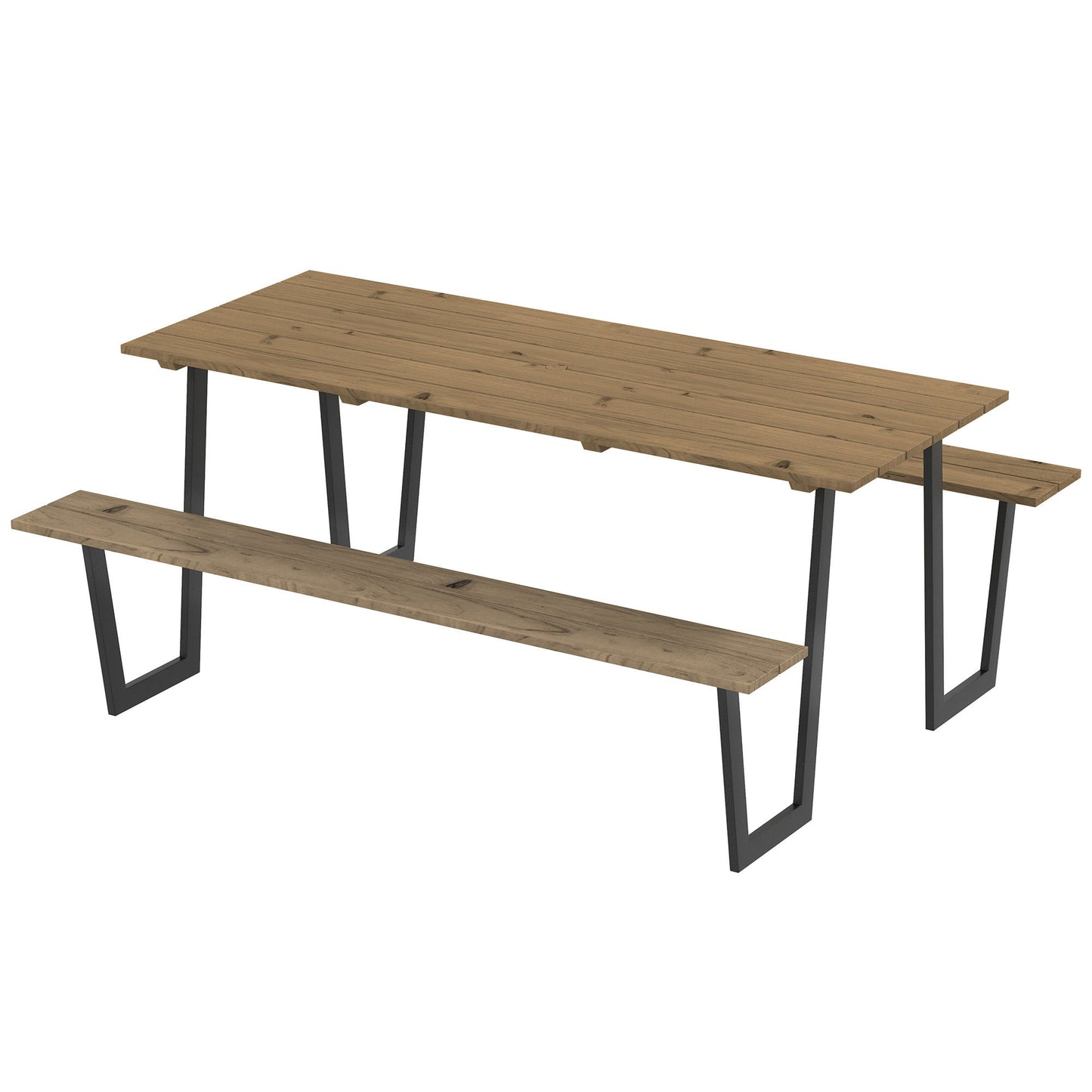 5.7 FT Outdoor Picnic Table with 2" Umbrella Hole, Spruce Wood Dining Table and 795 LBS Benches with Steel Frame, Brown