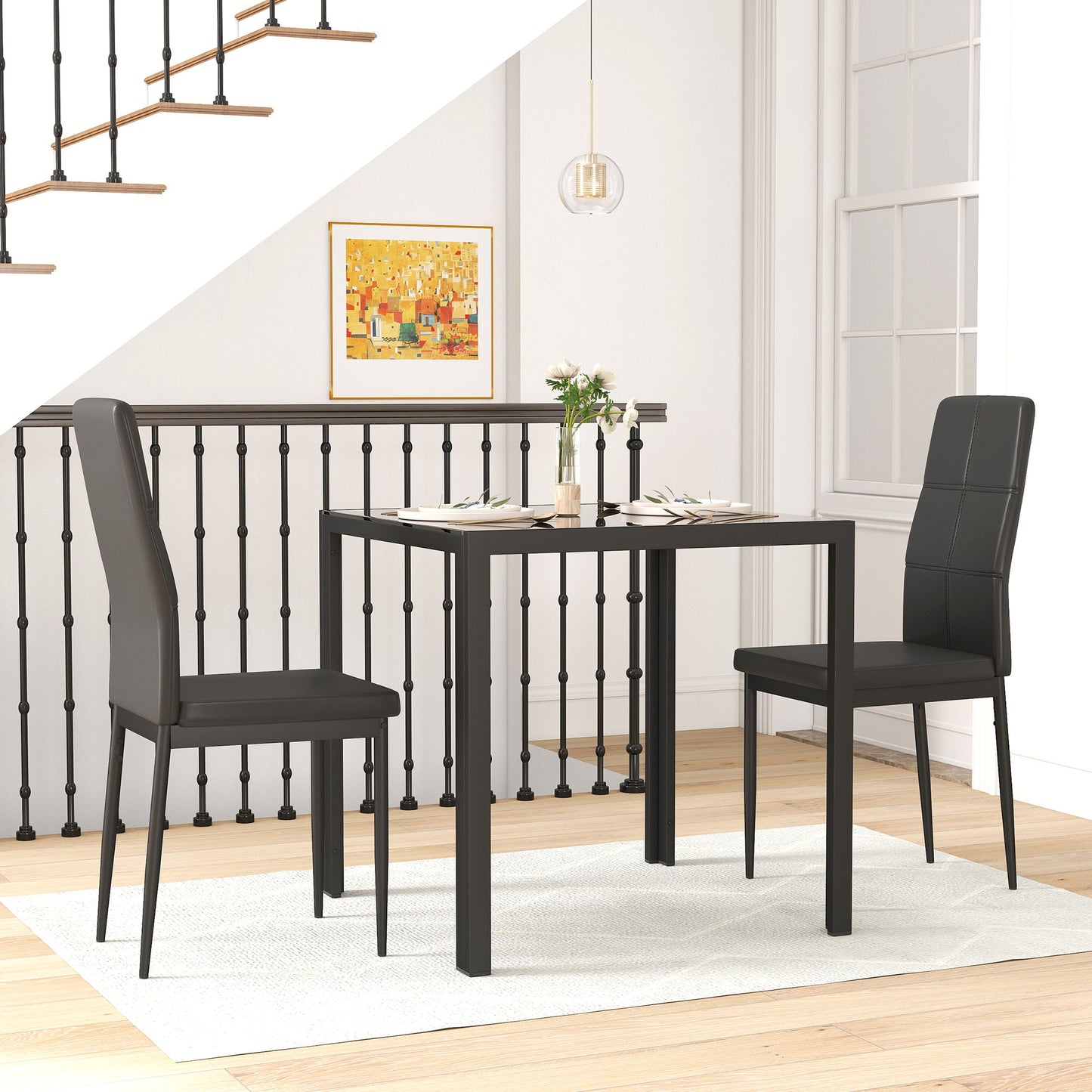 3-Piece Rectangular Glass Kitchen Table and Chairs with Metal Frame and Faux Leather Upholstery for Dining Room, Black