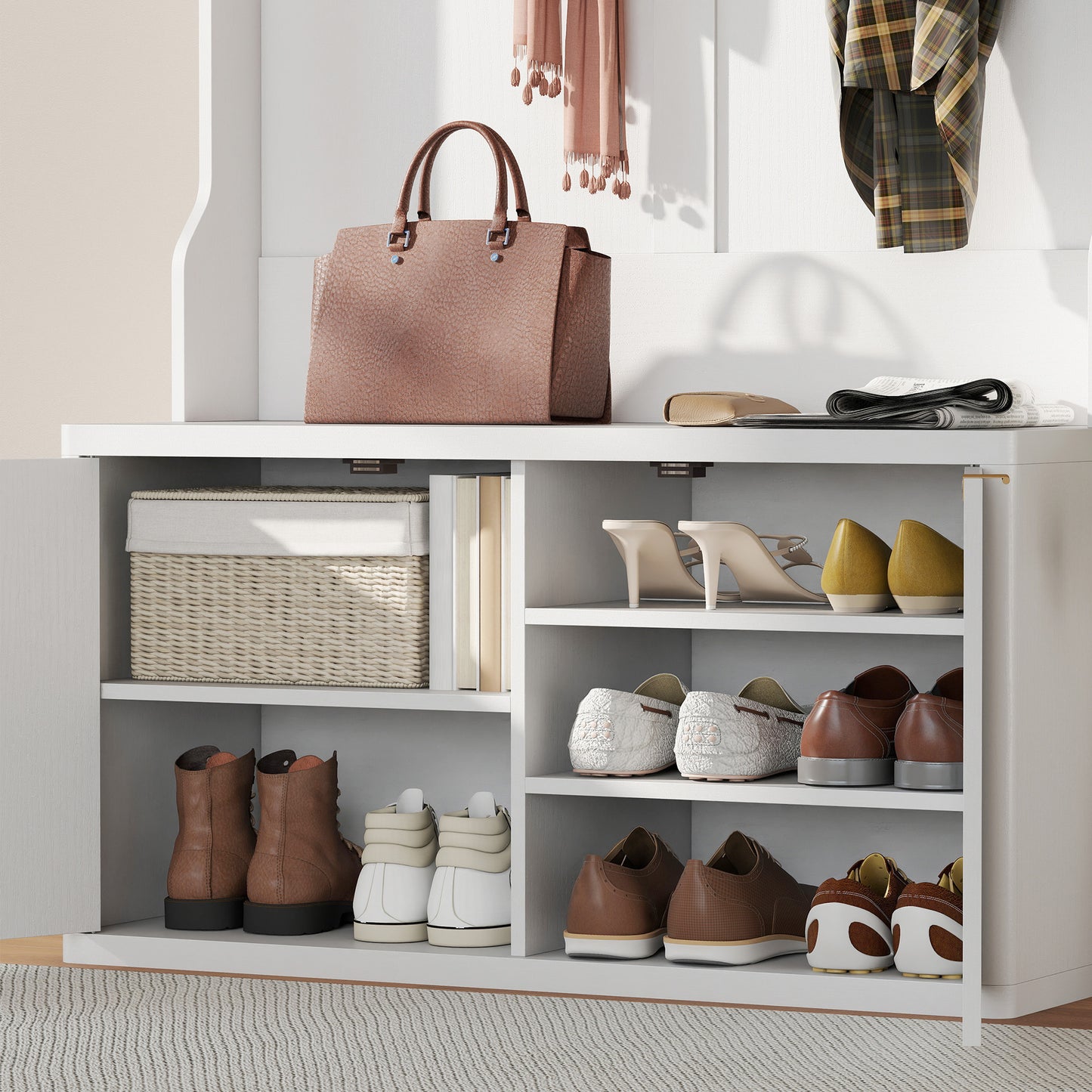 4-In-1 Hall Tree with Shoe Bench, Modern Coat Rack with Open Shelf for Hallway, Entryway, Bedroom, Living Room, White