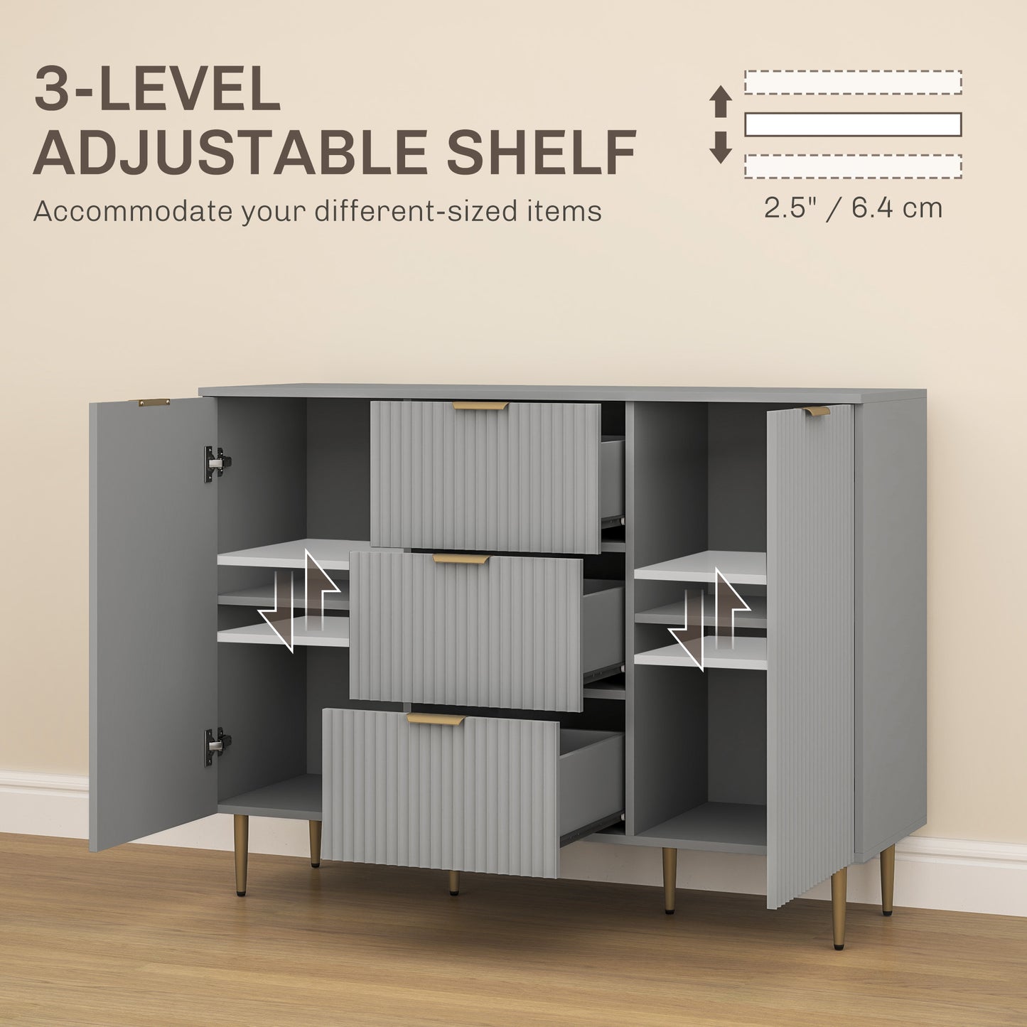 Modern Kitchen Storage Cabinet, Sideboard Buffet Cabinet w/ 3 Drawers and Adjustable Shelves for Kitchen Hallway, Grey