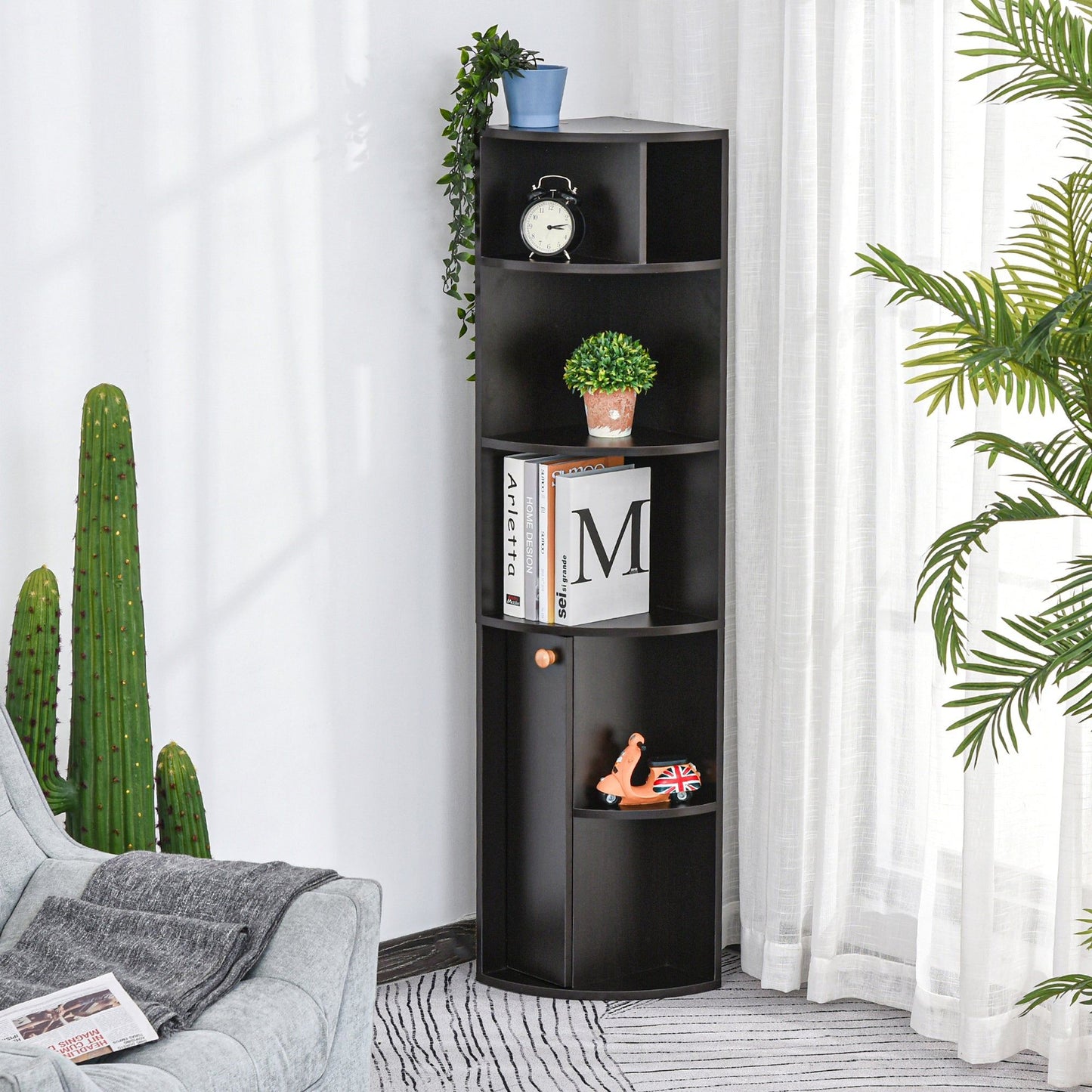 5-Tier Corner Bookcase with Cabinet - Black