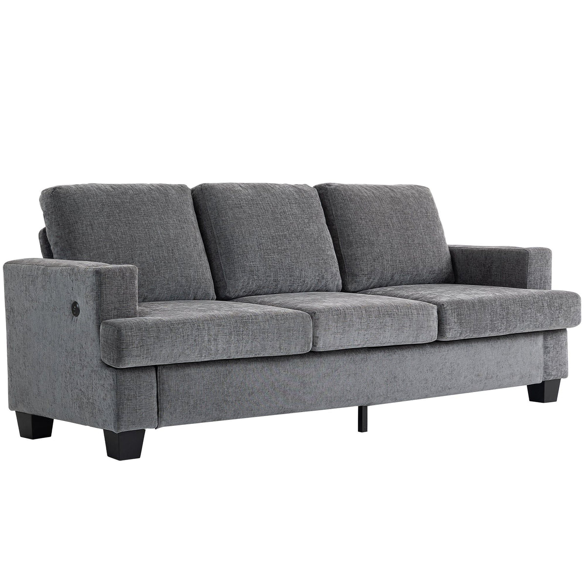 3-Seater Chenille Sofa with USB & Cup Holders - Grey