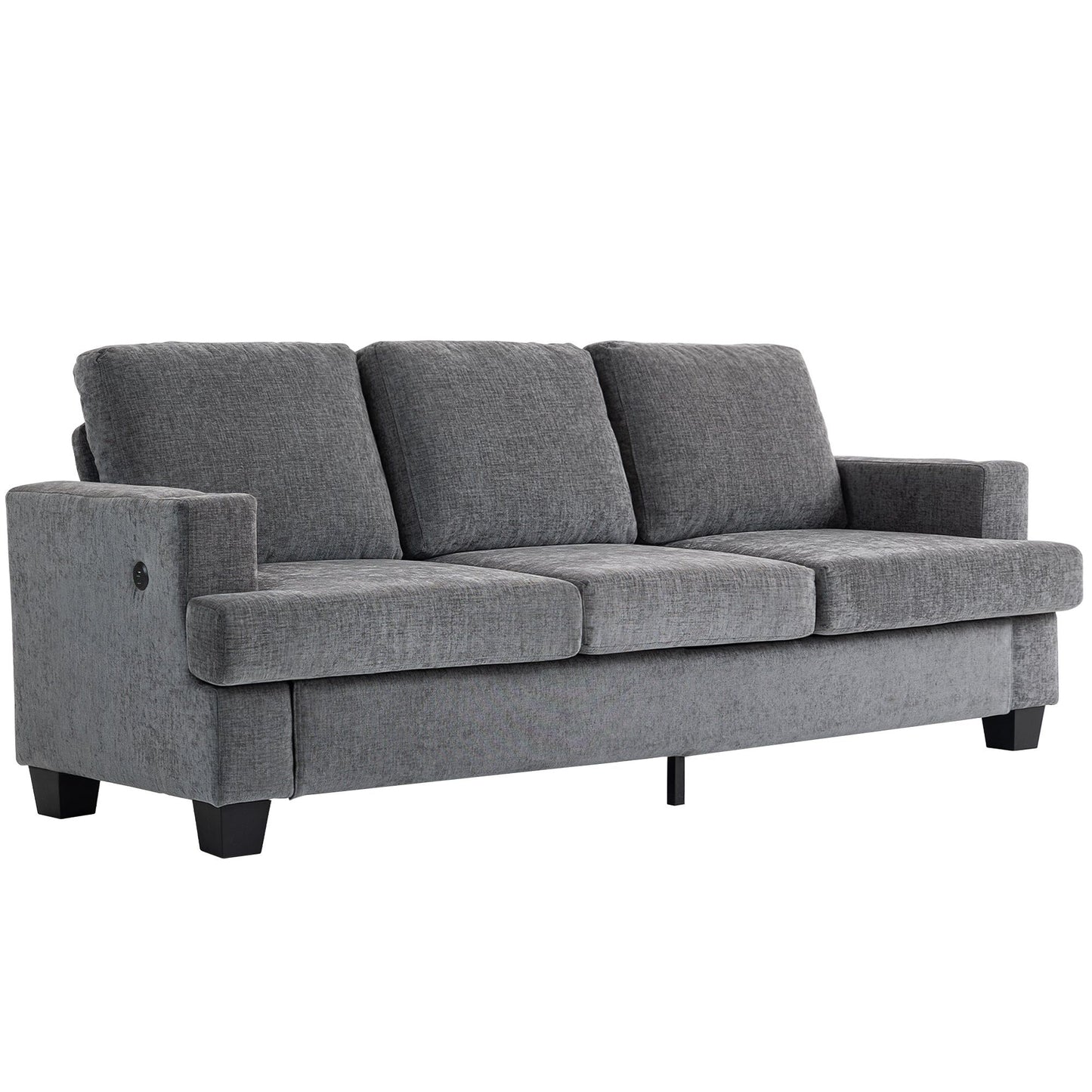 3-Seater Chenille Sofa with USB & Cup Holders - Grey