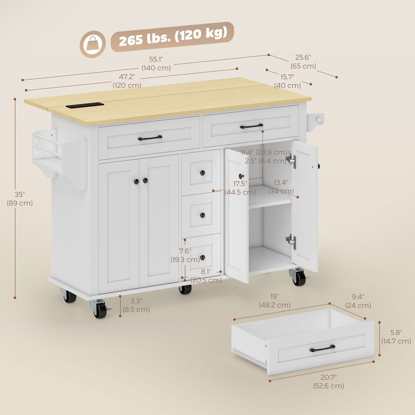 55" Rolling Kitchen Island with Drop Leaf - White