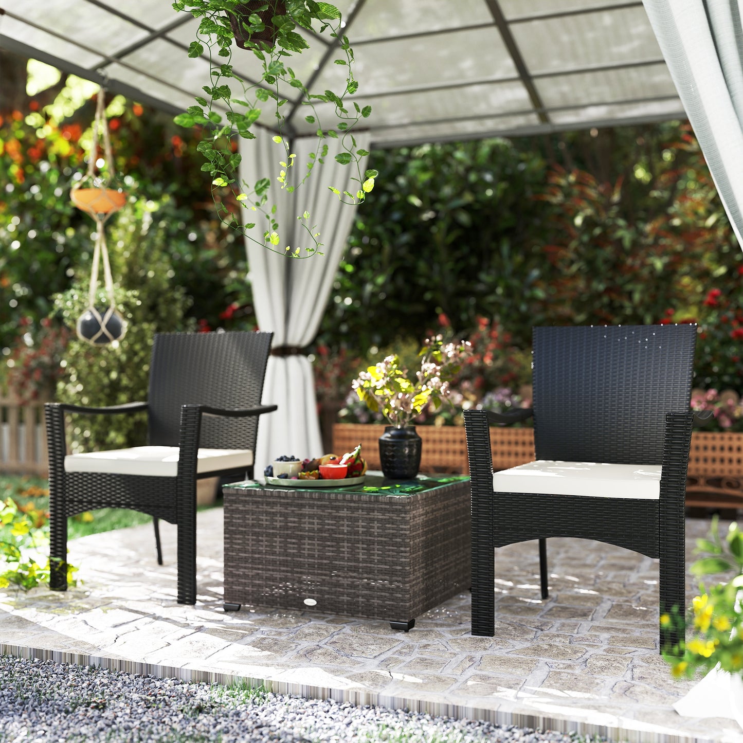 24.4" Patio Wicker Coffee Table, PE Rattan Outdoor Side Table with Tempered Glass Top, Black