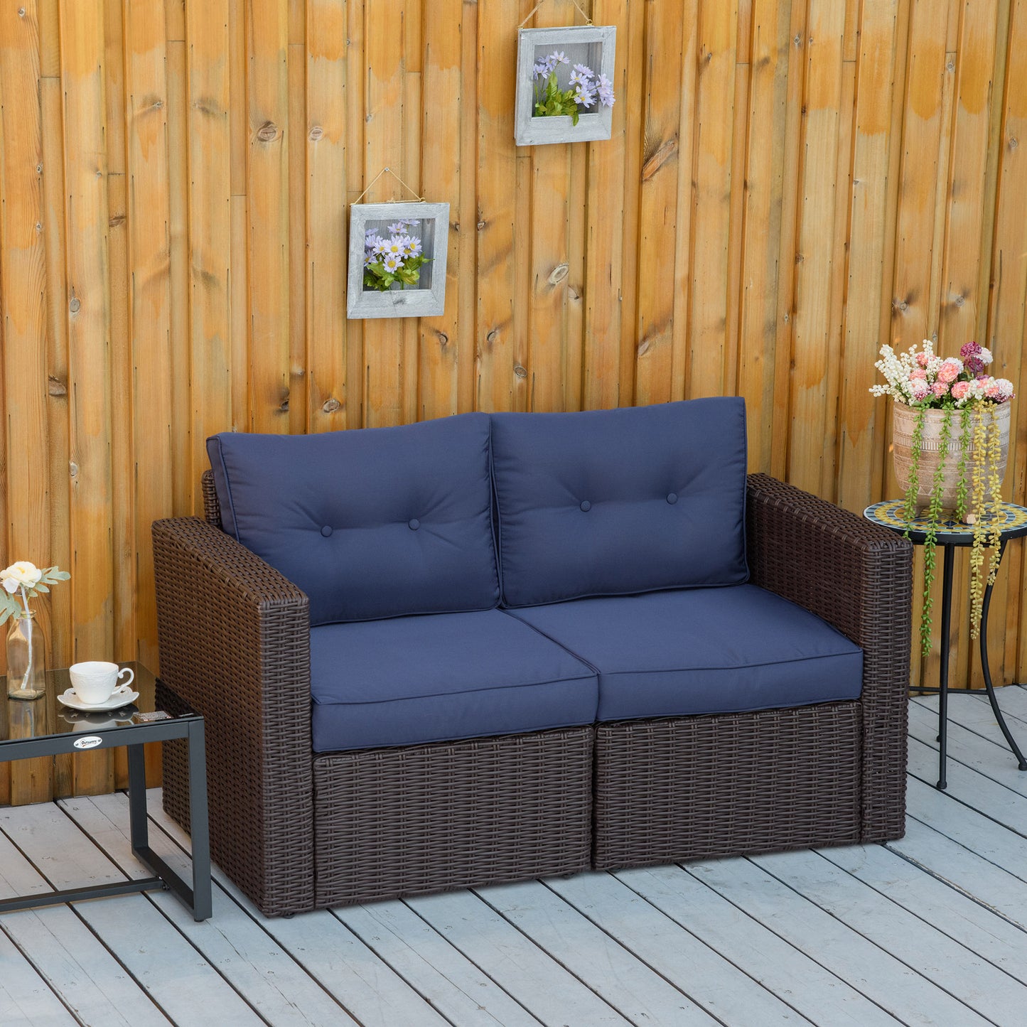 2 Pieces Patio Furniture Set Outdoor Loveseat Wicker Corner Sofa Set Outdoor Freely Combination PE Rattan Furniture, W/ Curved Armrests & Padded Cushion for Balcony, Garden, Lawn, Dark Blue