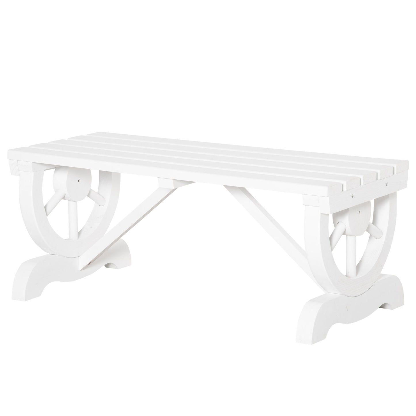 Rustic Wood Wheel Outdoor Garden Bench for 2-Person with a Unique Wheel Design on the Legs & Strong Build, White