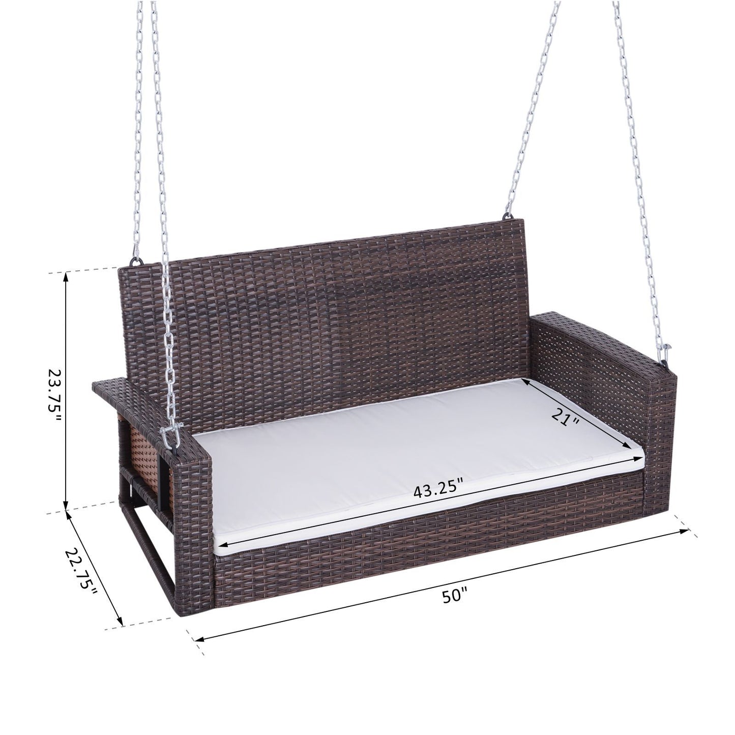2-Person Patio Porch Swing Chair, Outdoor Rattan Hanging Bench with Cushion & 7.2 ft Steel Chains, Beige