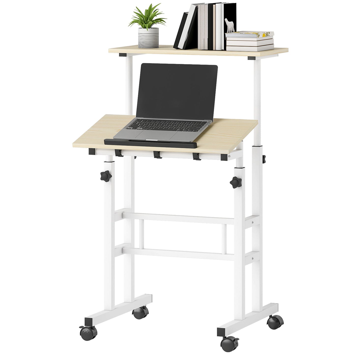 Stand Up Desk, Height & Angle Adjustable Computer Desk with Wheels for Standing or Sitting, Laptop Table, Natural