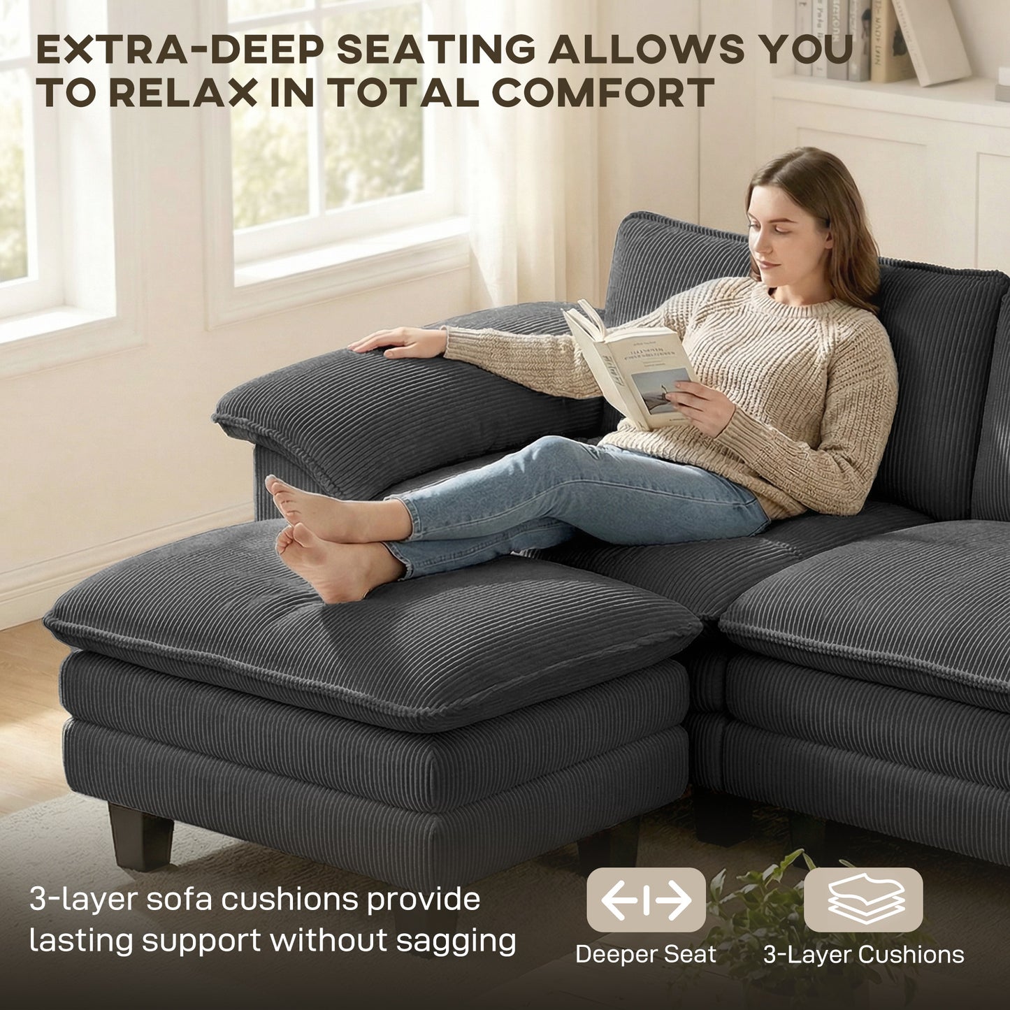 Deep-Seat L-Shape Sectional Sofa with Storage Ottoman - Dark Grey