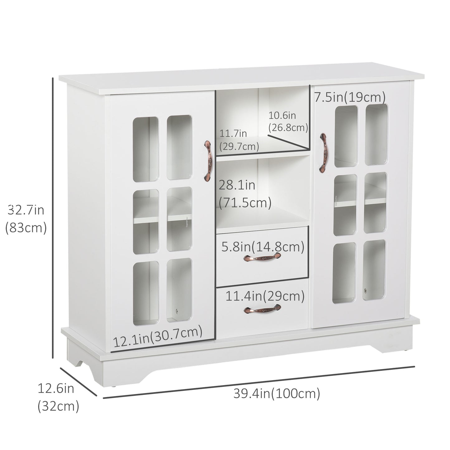 Modern Kitchen Sideboard with 2 Drawers, Coffee Bar Cabinet with Glass Doors Storage Cupboard and Open Shelf, White