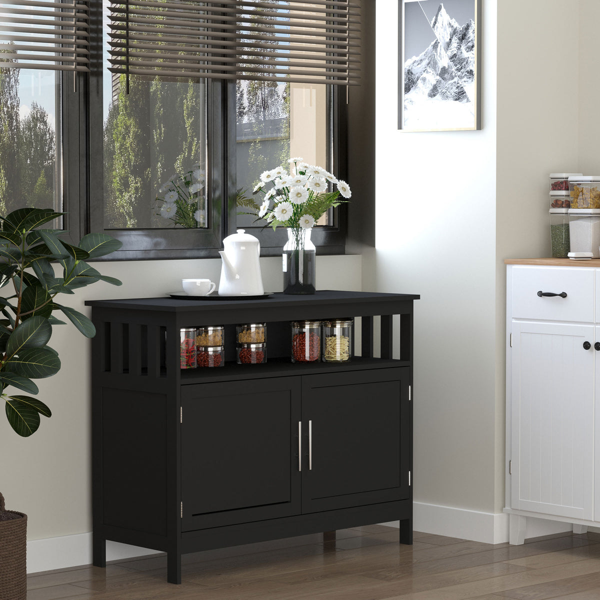 Kitchen Sideboard, Buffet Cabinet, Wooden Storage Console Table with 2-Level Cabinet and Open Shelf, Black
