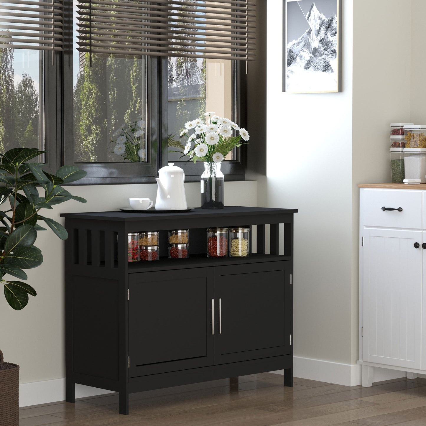 Kitchen Sideboard, Buffet Cabinet, Wooden Storage Console Table with 2-Level Cabinet and Open Shelf, Black