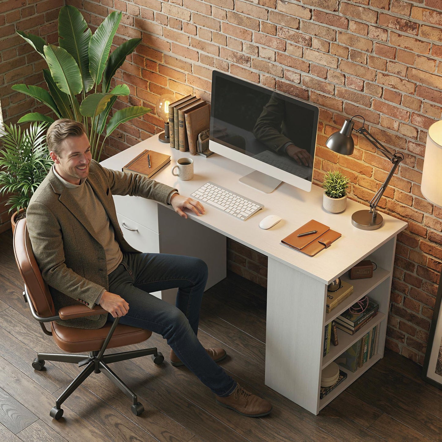 Computer Desk, 47" Writing Table with 3-Tier Shelves and 3 Reversible Drawers for Home Office, Bedroom, White