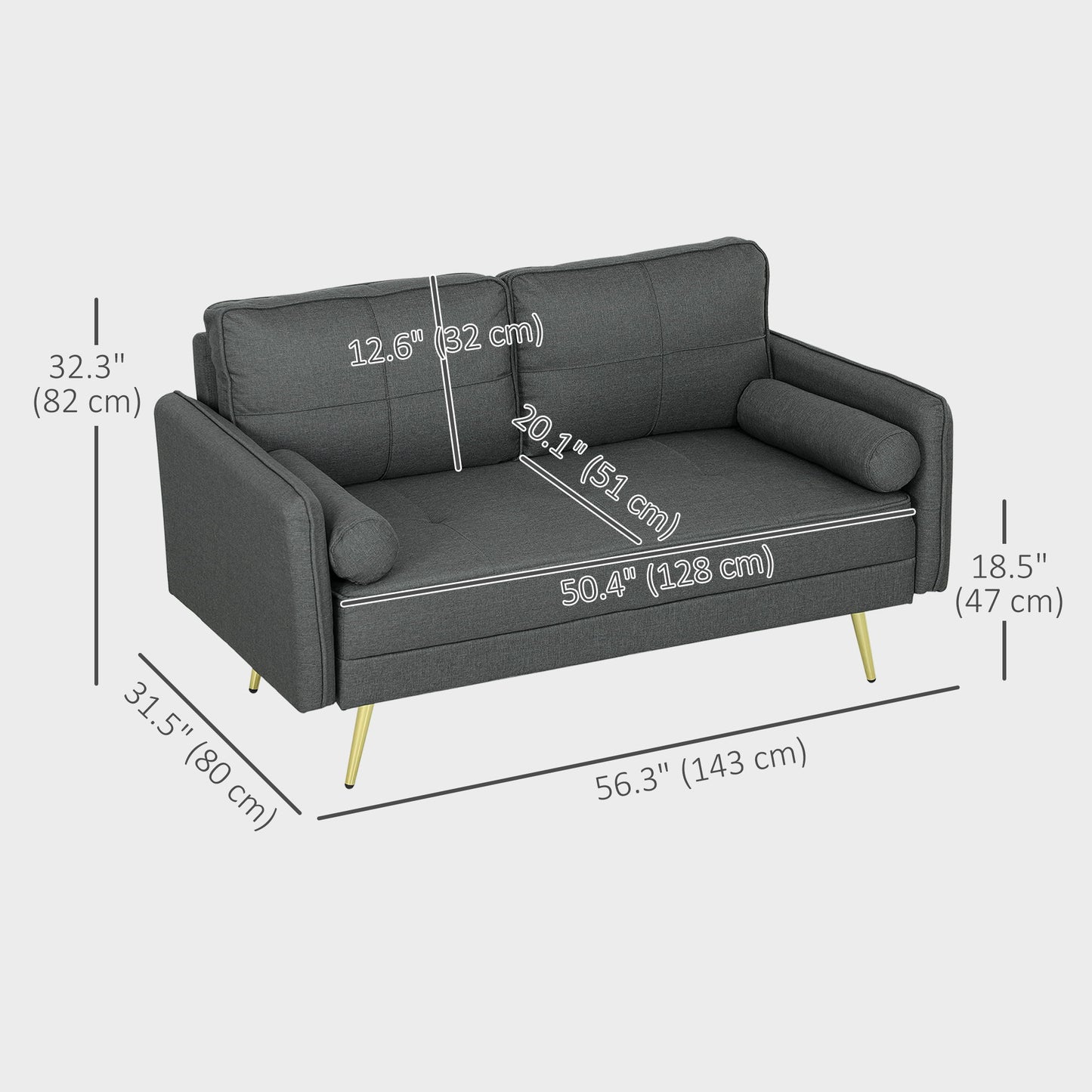 56" Loveseat Sofa for Bedroom Upholstered 2 Seater Couch with Back Cushions and Pillows, Dark Grey