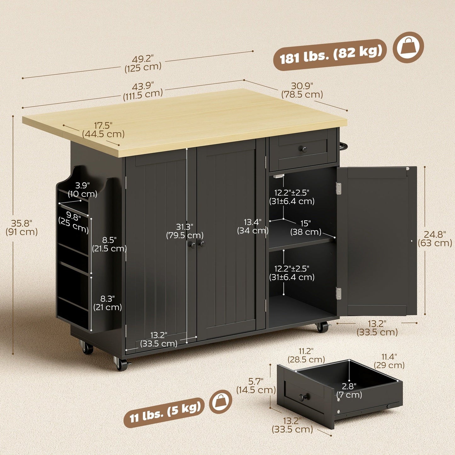 Rolling Kitchen Island Cart with Drop Leaf and Drawer - Black