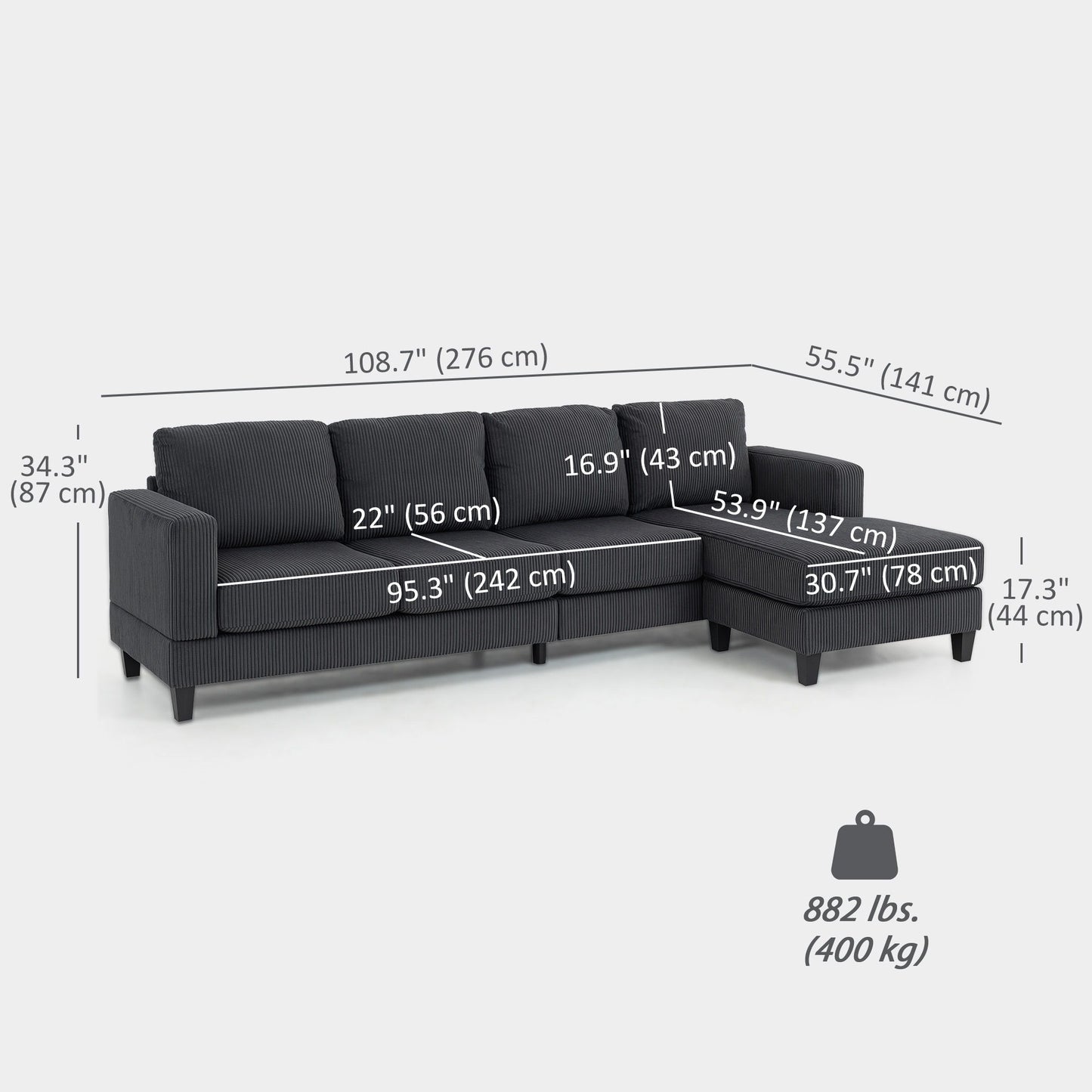 L Shaped Couch, L Shape Sofa with Chaise Lounge and Spring Cushion for Living Room, Bedroom, Charcoal Grey