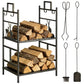 20.25" x 13" x 30.25" 2-Layer Heavy Duty Firewood Rack Wood Log Fireplace Stacker w/ 4 Tools, Black and Gold