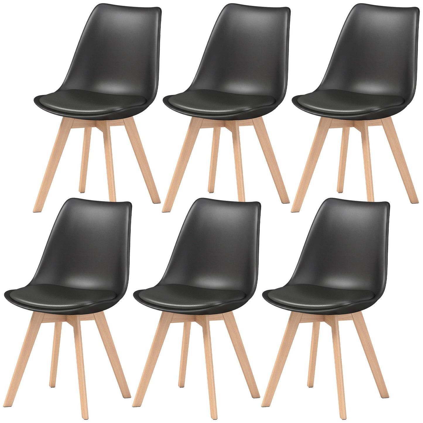 Modern Dining Table Chairs Set of 6, Rubber Wood Kitchen Table Chairs with PU Leather Cushion for Living Room, Bedroom