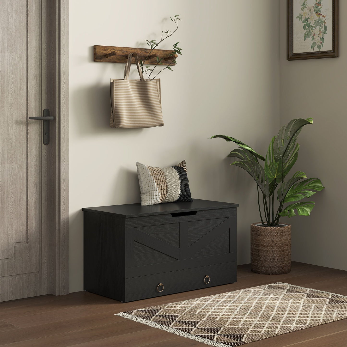 31.5 Inches Storage Chest, Storage Trunk with 2 Safety Hinges for Living Room, Black Wood Grain