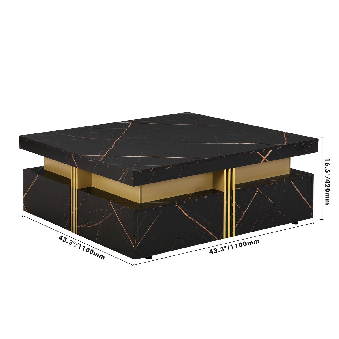 Modern Square Storage Coffee Table with 4 Functional Drawers, MDF Construction, Gold Accents, 43.5" L x 43.5" W x 16.5" H, Black+Gold