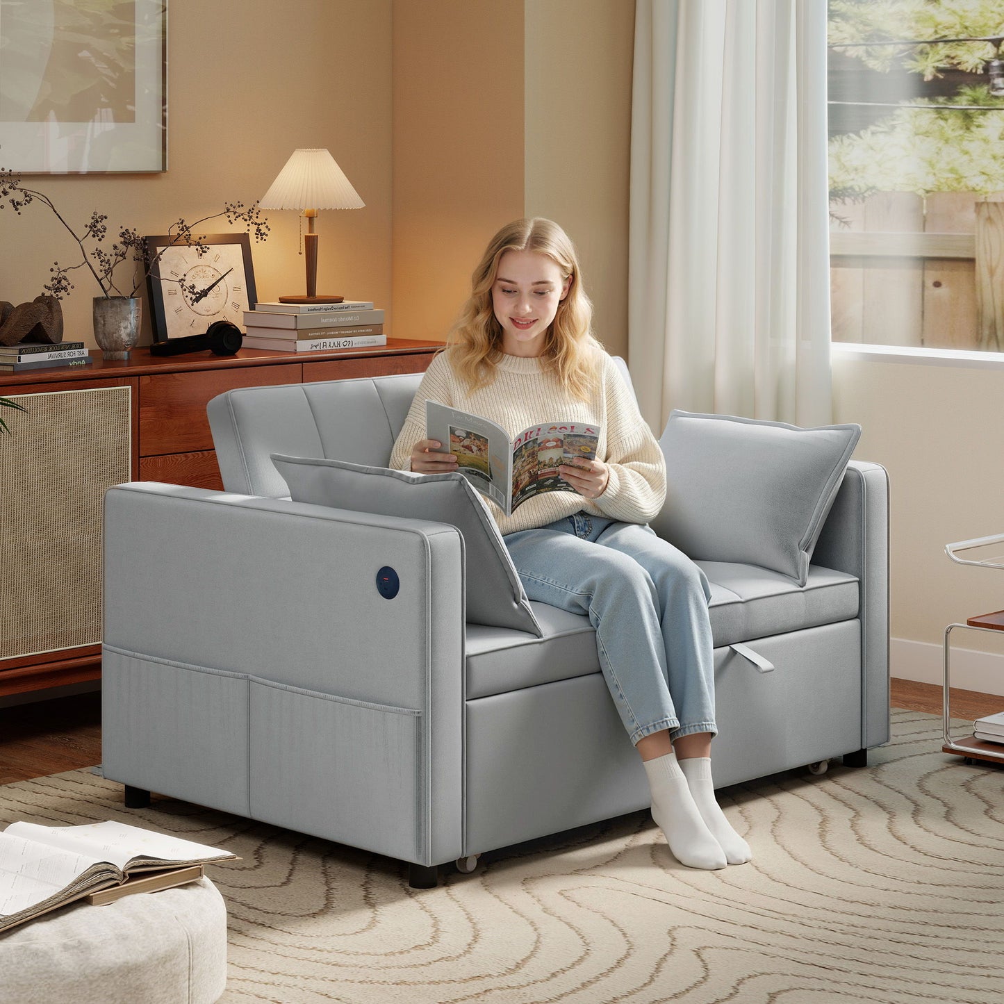 3‑in‑1 Convertible Sofa Bed, Pull Out Sleeper Sofa with USB Charging, Adjustable Backrest, Side Pockets, Light Grey