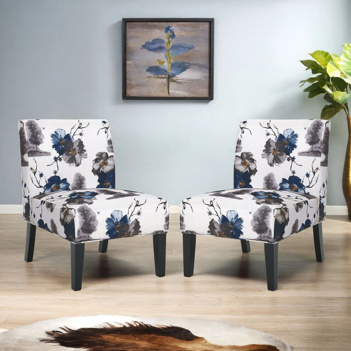 Contemporary Accent Chair with Upholstered Seating and Rubberwood Tapered Legs, Seat for Living Room, 22.5" L x 29.5" W x 32" H, Blue+Multi
