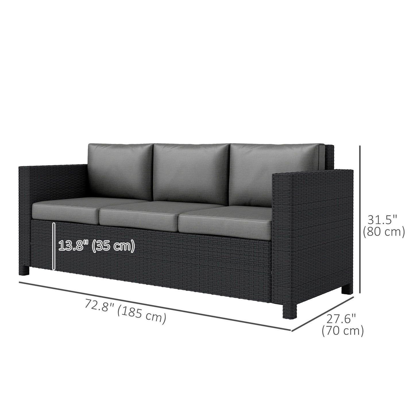 Deluxe 3 Seat Rattan Wicker Sofa Garden Outdoor Patio Furniture with Cushion, Grey