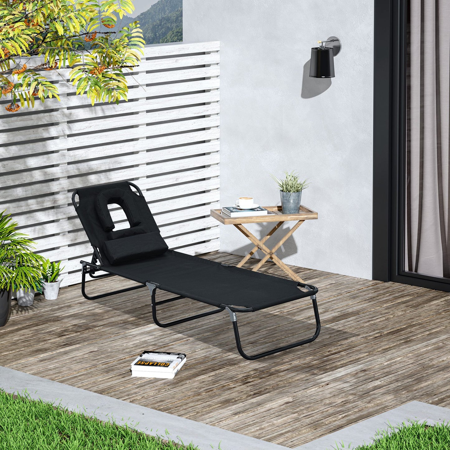 Folding Outdoor Lounge Chair, Portable Reclining Beach Lounger with Face Hole, Detachable Pillow, 4-Position Adjustable Backrest, For Patio, Garden, Poolside, Black