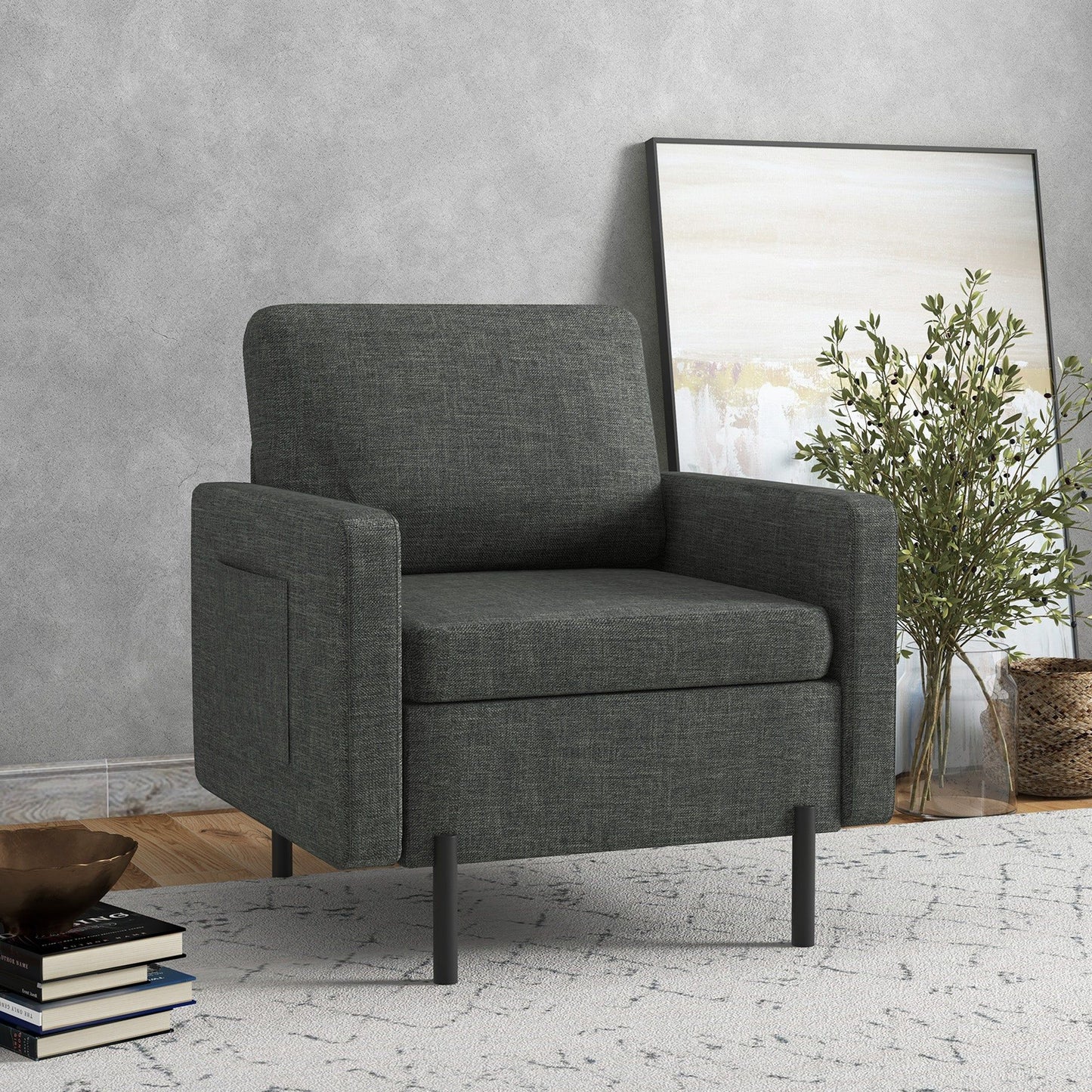 Fabric Accent Armchair with Side Pockets - Grey