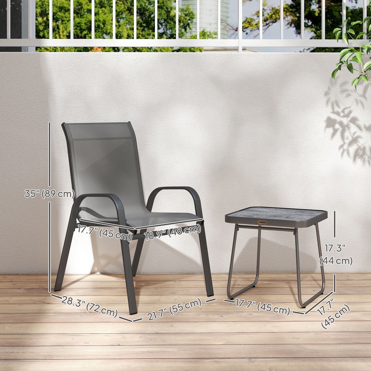 Outdoor Bistro Set of 3, 3-Piece Patio Set with Breathable Mesh Fabric, Stackable Chairs and Square Table, Light Grey