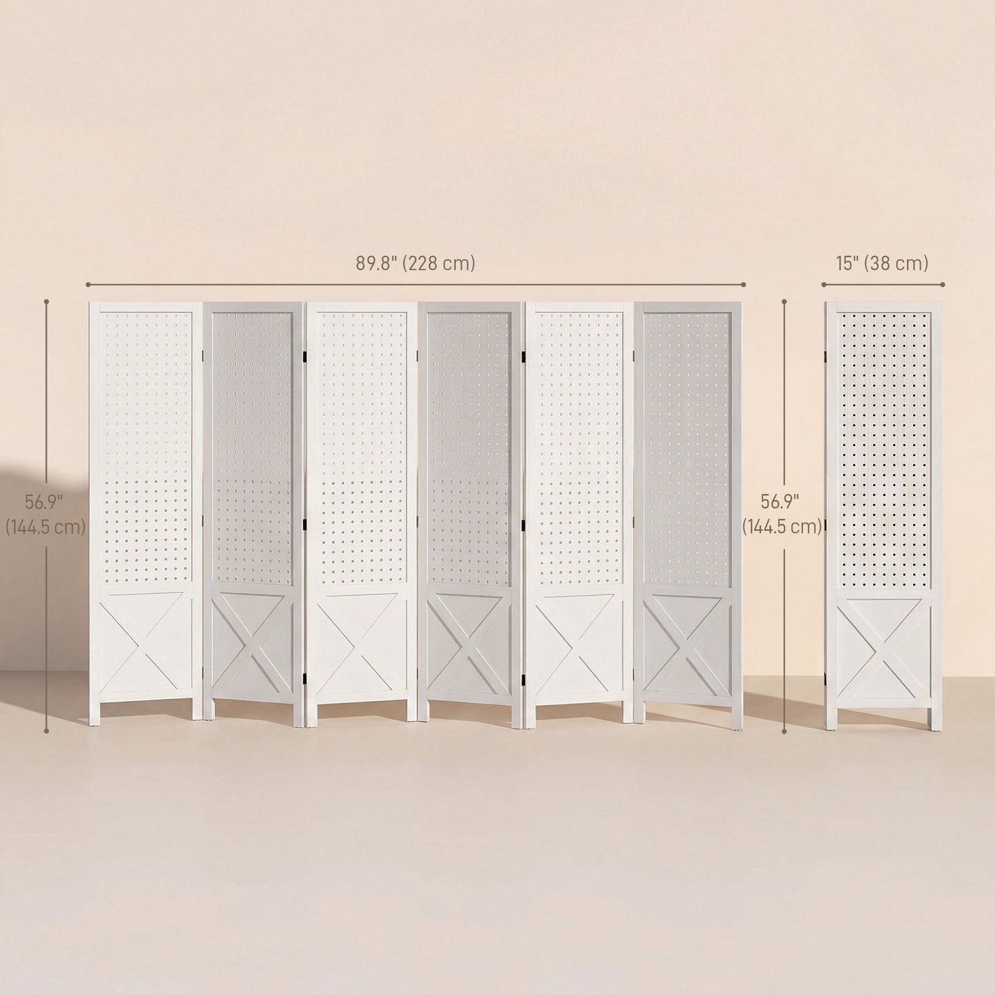 56.9" 6 Panel Wooden Room Divider with Pegboard Display, Folding Privacy Screen for Home Office, White