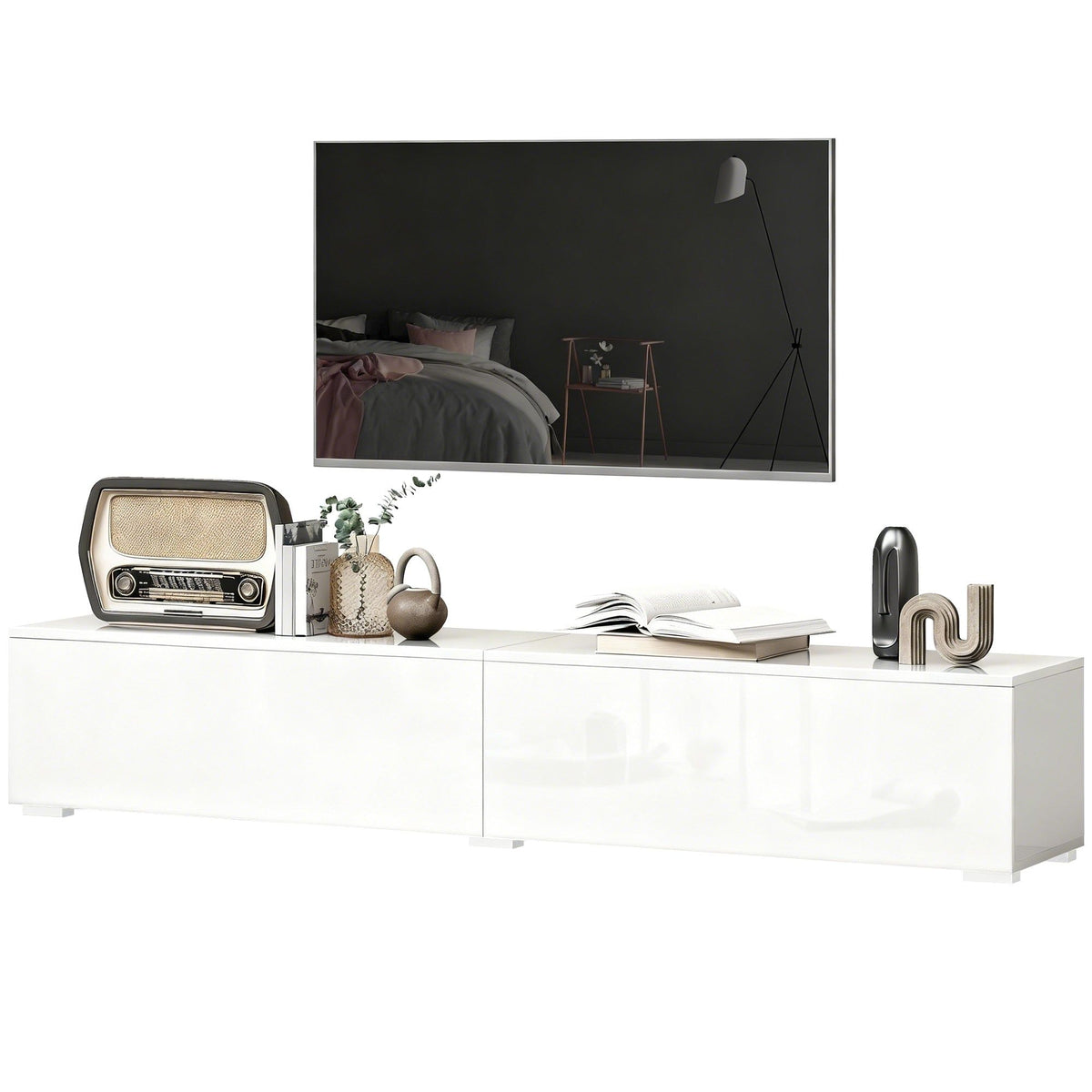 70.9" Floating TV Stand with 2 Flip Doors - High Gloss White