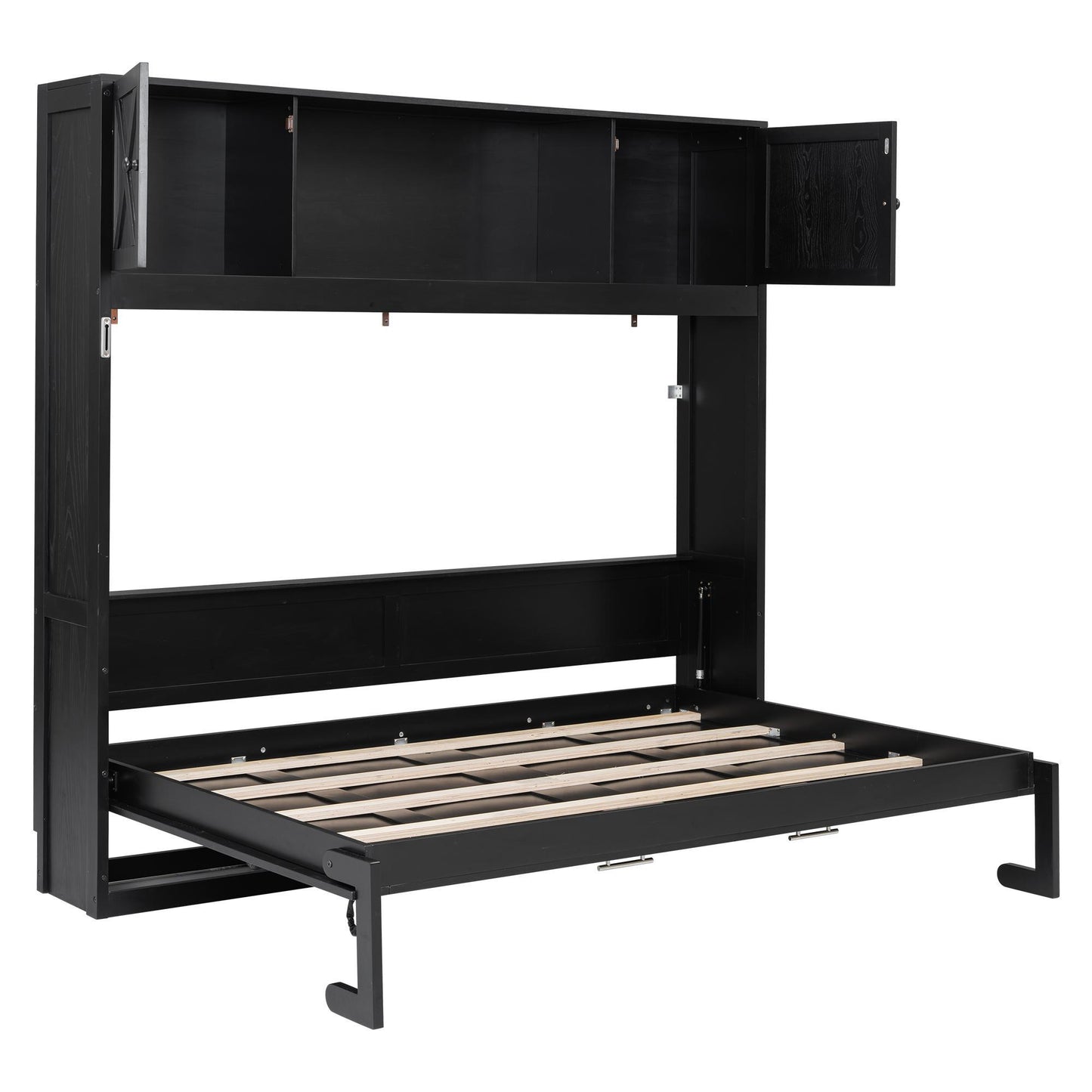Space-Saving Full Size Murphy Bed with Fold-Down Design, Sturdy Storage Bed with 3 Upper Cabinets, 83" L x 60.5" W x 82" H, Black
