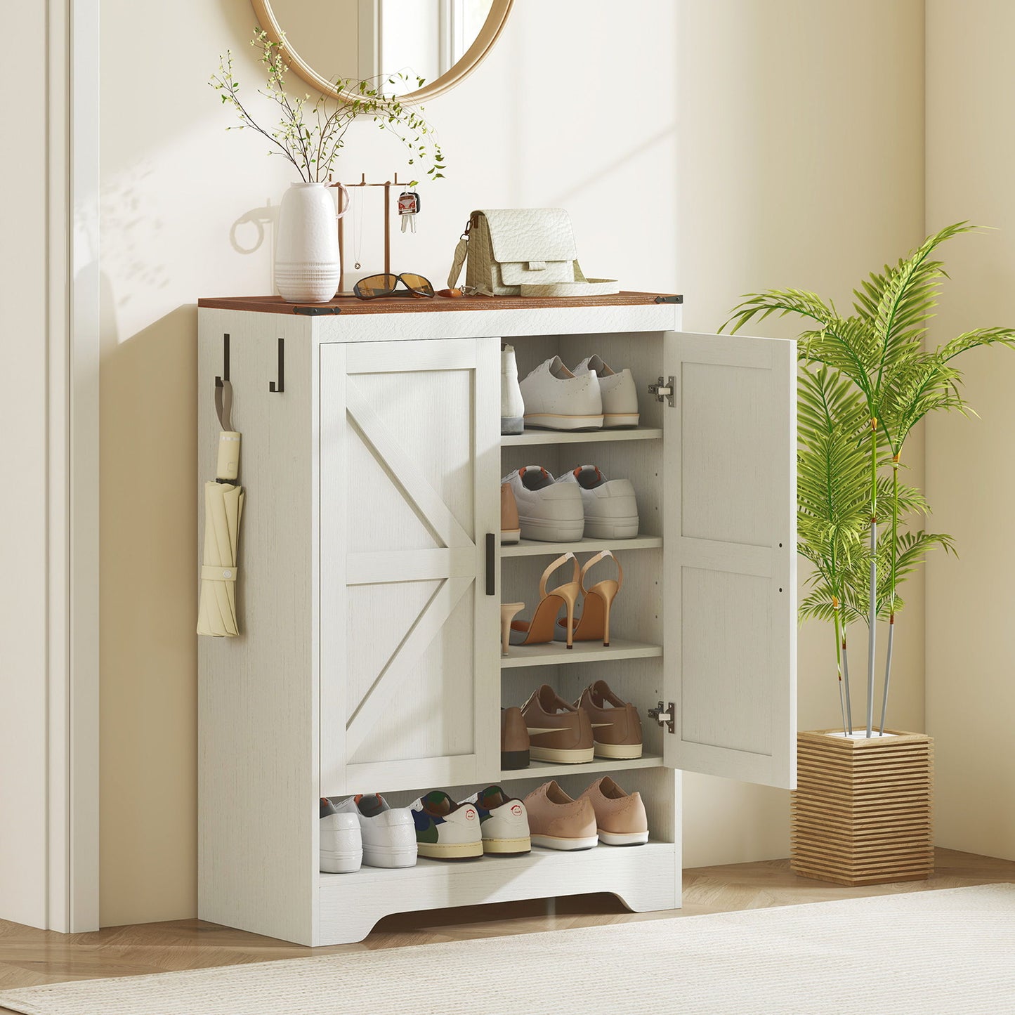5-Tier Shoe Storage Cabinet for 15 Pairs, Freestanding Farmhouse Shoe Cabinet, White