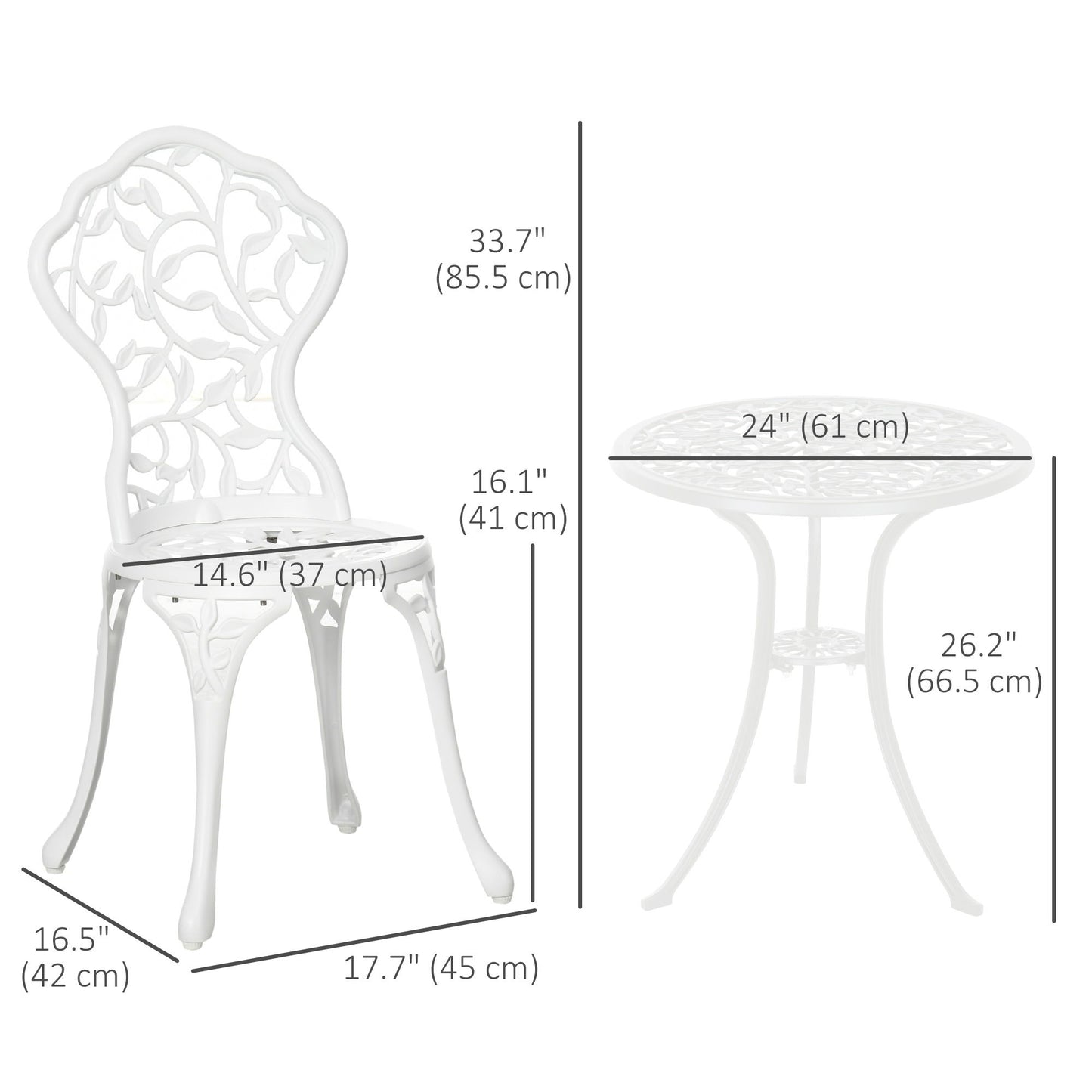 3 Pieces Outdoor Furniture Set, Patio Table and Chairs with Cast Aluminum Frame for Garden, Balcony, Porch, White