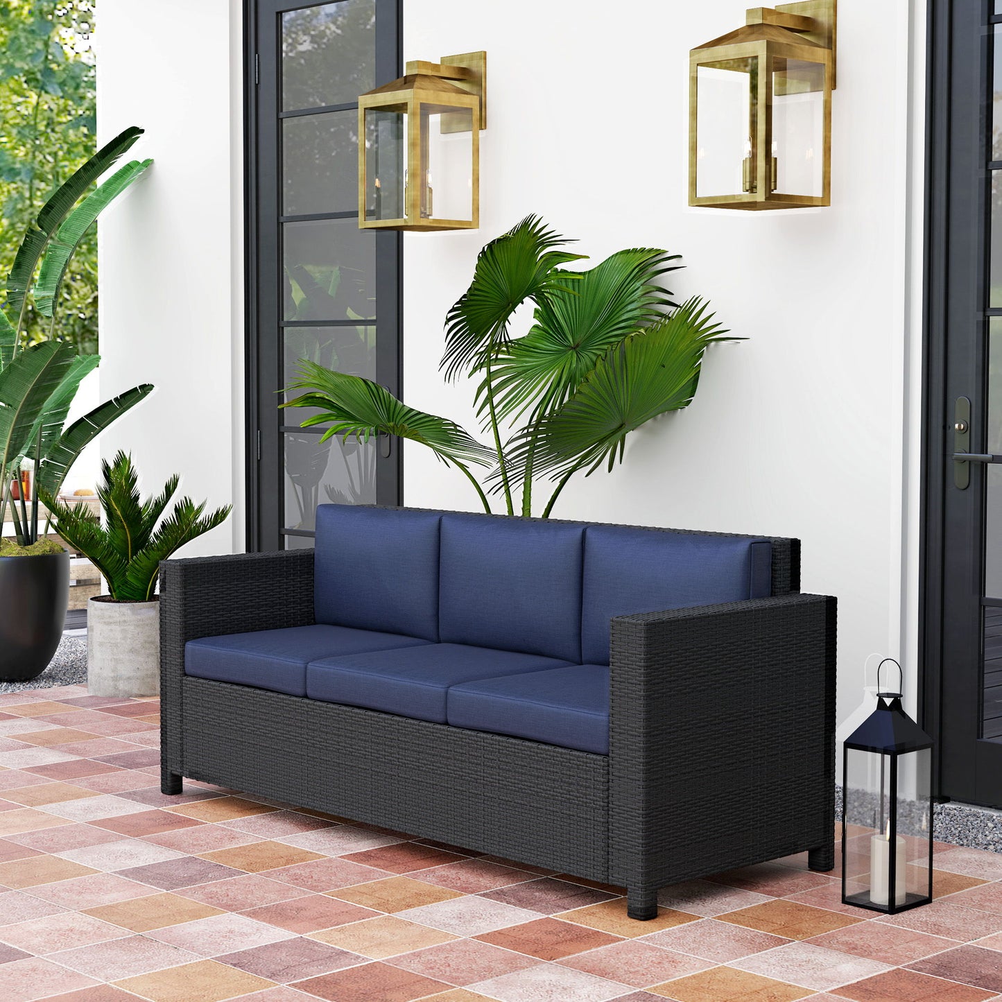 Deluxe 3 Seat Rattan Wicker Sofa Garden Outdoor Patio Furniture with Cushion, Navy Blue