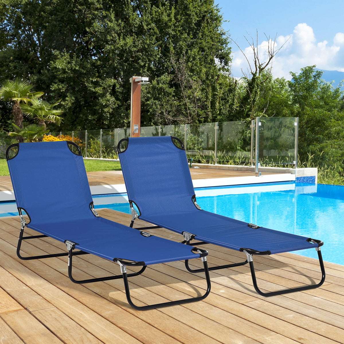 Set of 2 Folding Outdoor Lounge Chair, Sun Tanning Chairs with Reclining Back, Breathable Mesh for Beach Patio, Blue