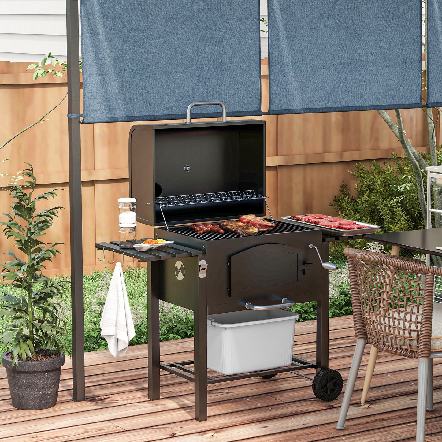 Charcoal Smoker Adjustable Height, Folding Shelves, Thermometer, and Wheels, Black