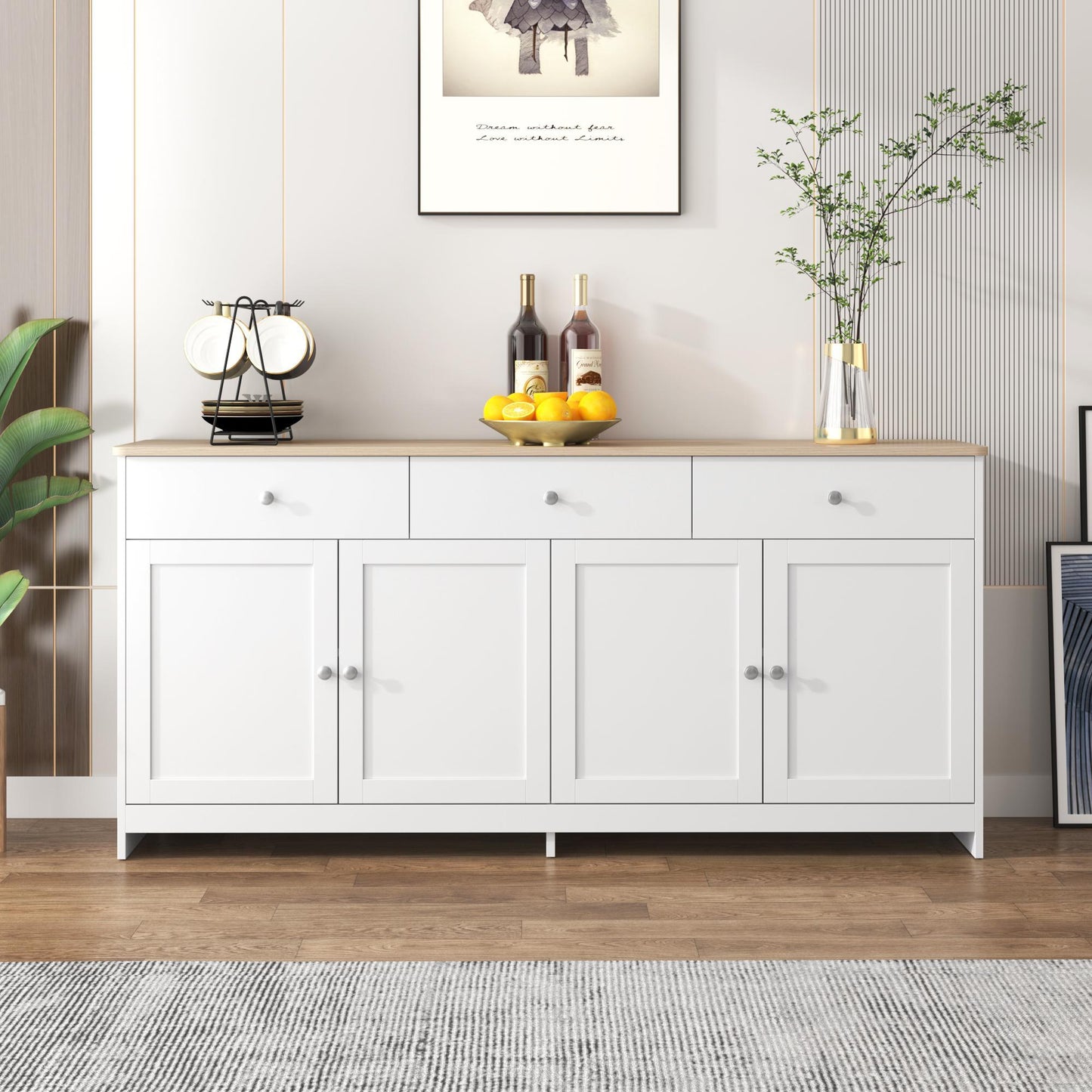Modern Sideboard Buffet Cabinet with 3 Drawers and 4 Doors, Rustic Storage with Adjustable Shelves, 55'' L x 14.5'' W x 29.5'' H, White+Wood