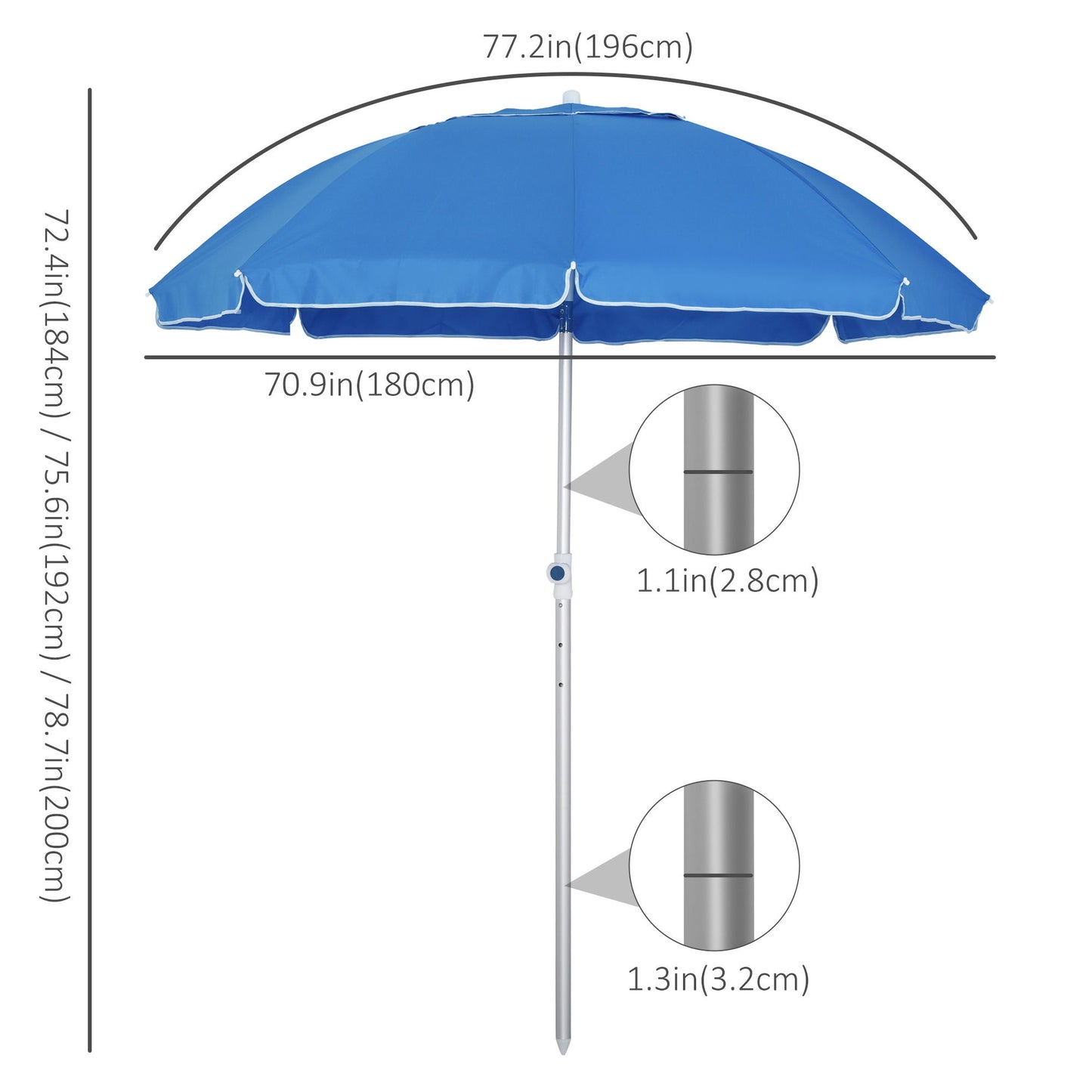 Arc. 6.4ft Beach Umbrella with Aluminum Pole Pointed Design Adjustable Tilt Carry Bag for Outdoor Patio Blue