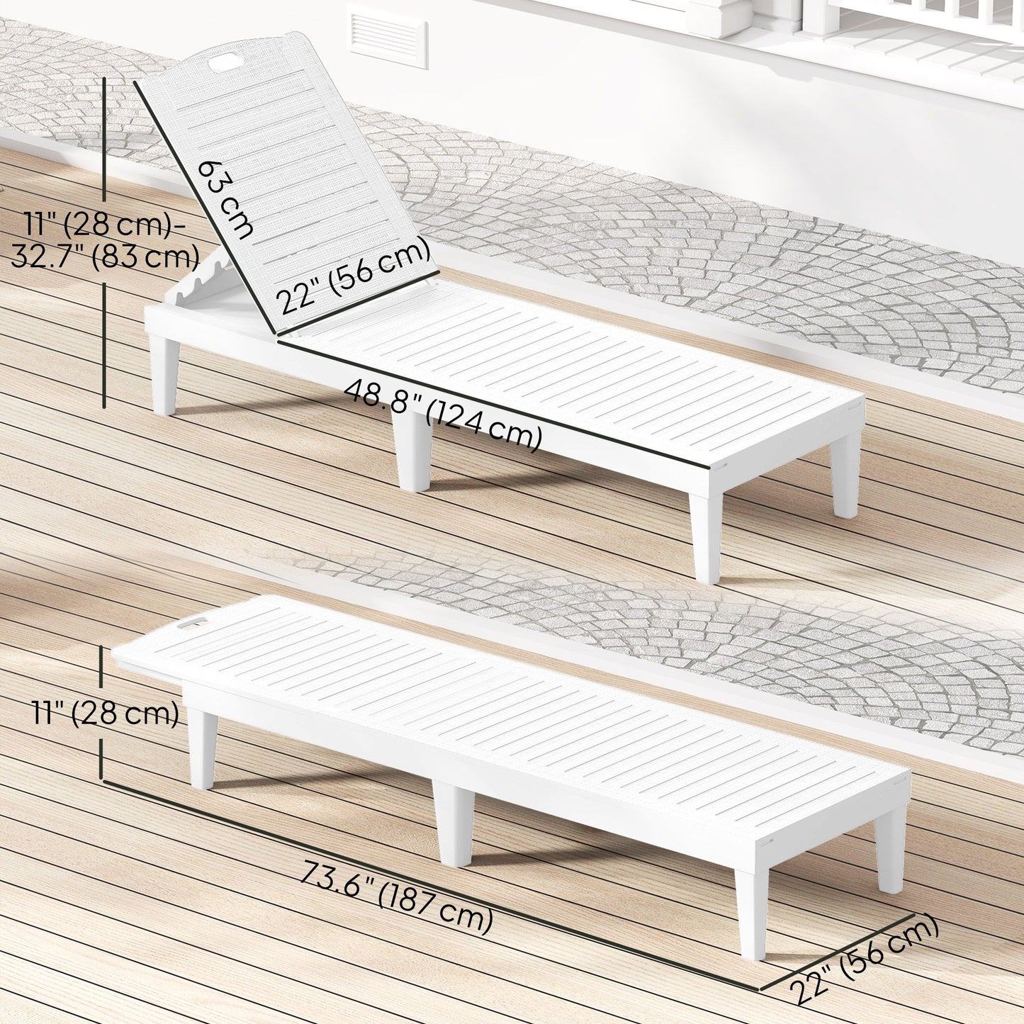 Outdoor Lounge Chair Set of 2, Waterproof Resin Lounge Chairs with 4-Position Adjustable Backrest for Backyard, White