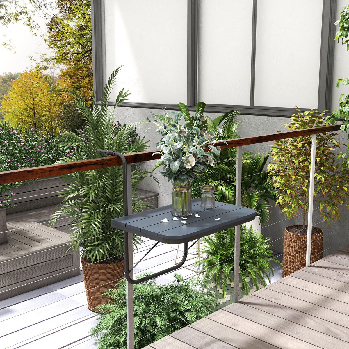 Outdoor Hanging Table, Adjustable Balcony Railing Table, Aluminum Mounting Wall Desk Rack, Foldable Outdoor Flower Stand Serving Table Rectangle, Black