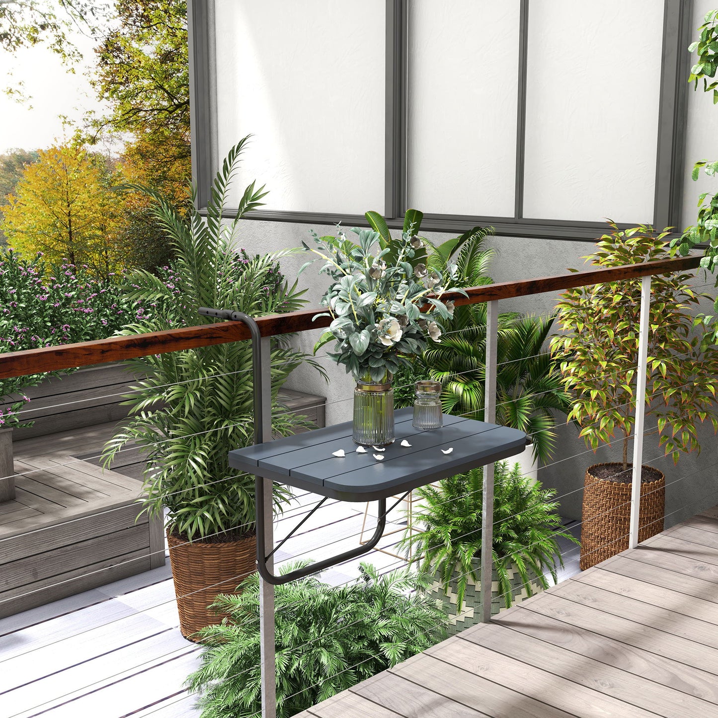 Outdoor Hanging Table, Adjustable Balcony Railing Table, Aluminum Mounting Wall Desk Rack, Foldable Outdoor Flower Stand Serving Table Rectangle, Black