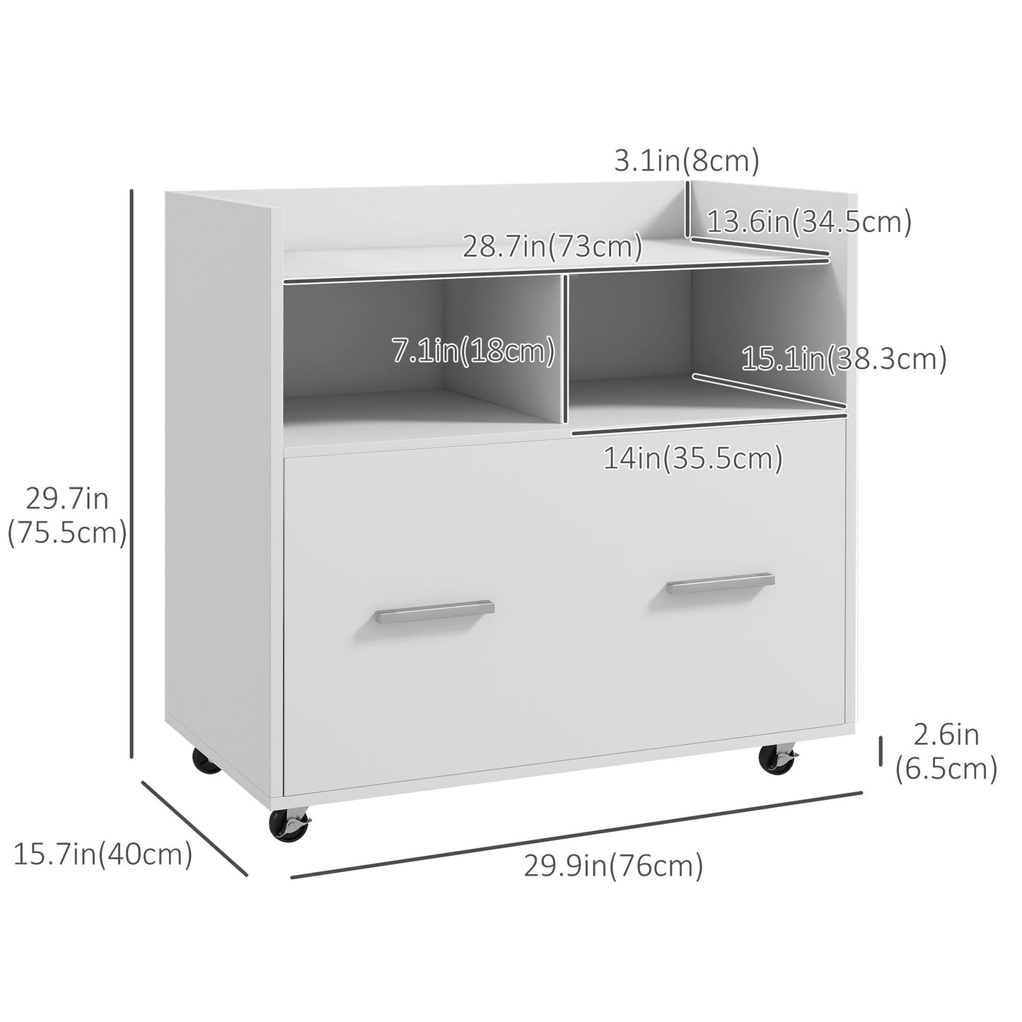 Mobile Filing Cabinet, Rolling File Cabinet with Drawer and Adjustable Hanging Bar for Letter, A4 and Legal Size, White